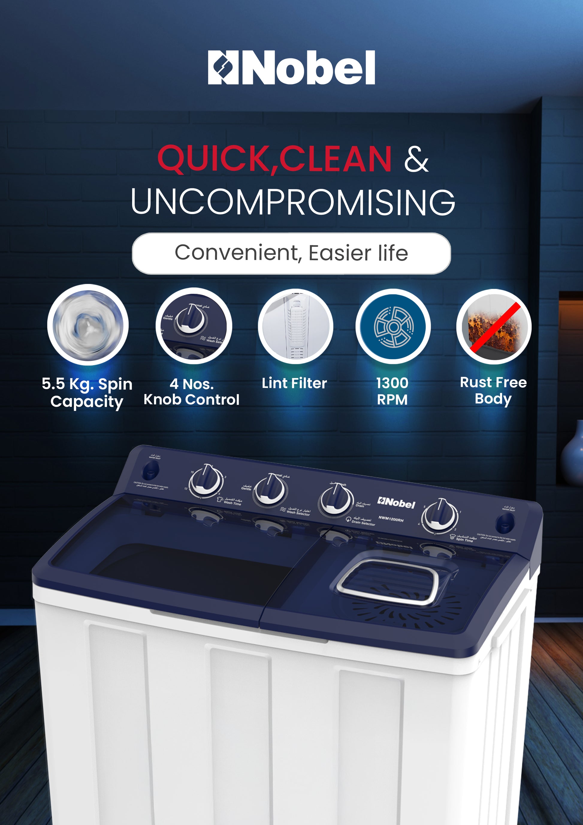 Nobel Semi-Automatic Washers Twin Tub White 10 Kgs/ 5.5 Kgs NWM1200RH-4