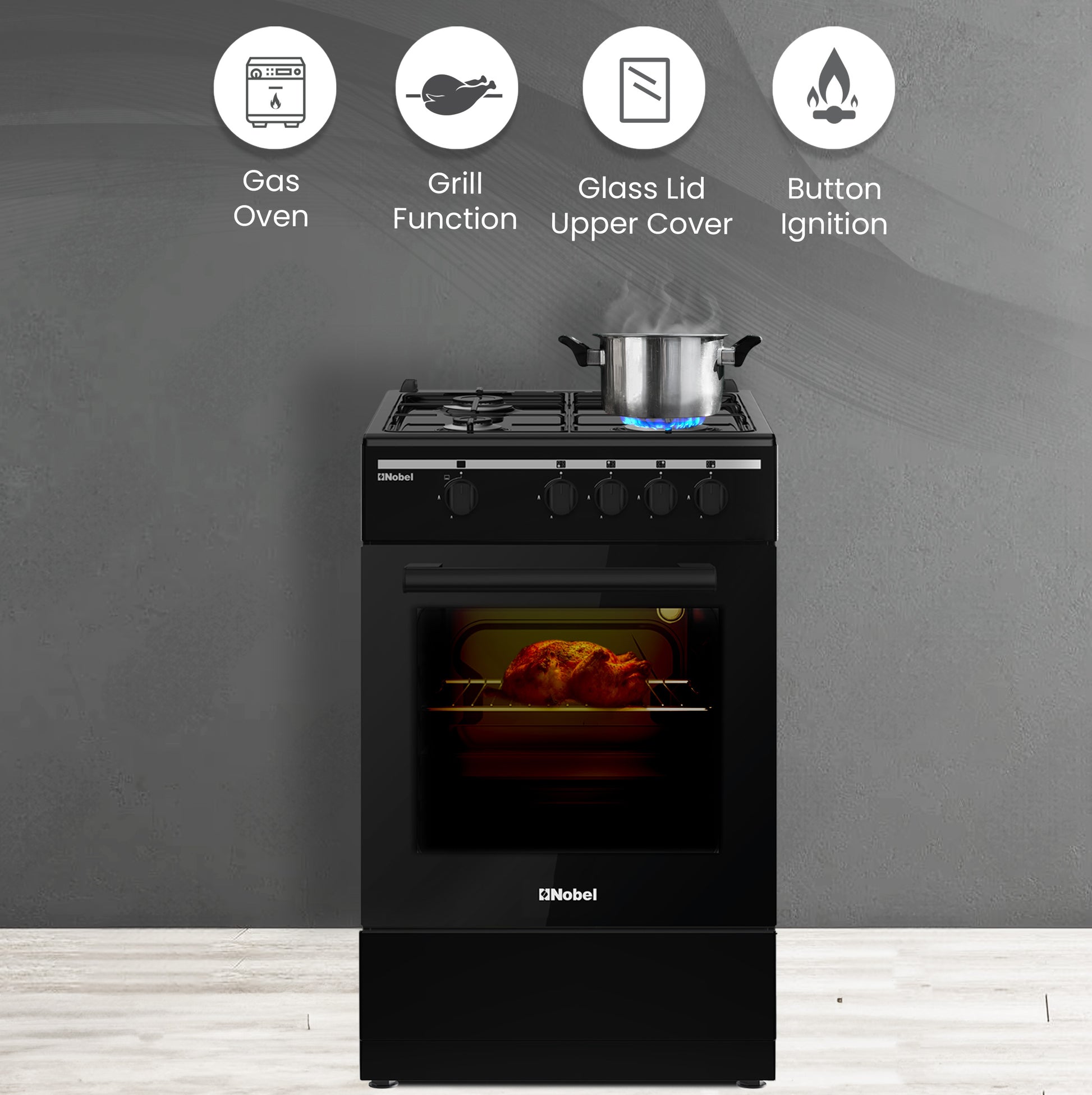 50x50 Gas Cooker with 4 Gas Burners, Gas Oven, Euro Pool Type Hob, Made in Turkey - NGC5000BK-4