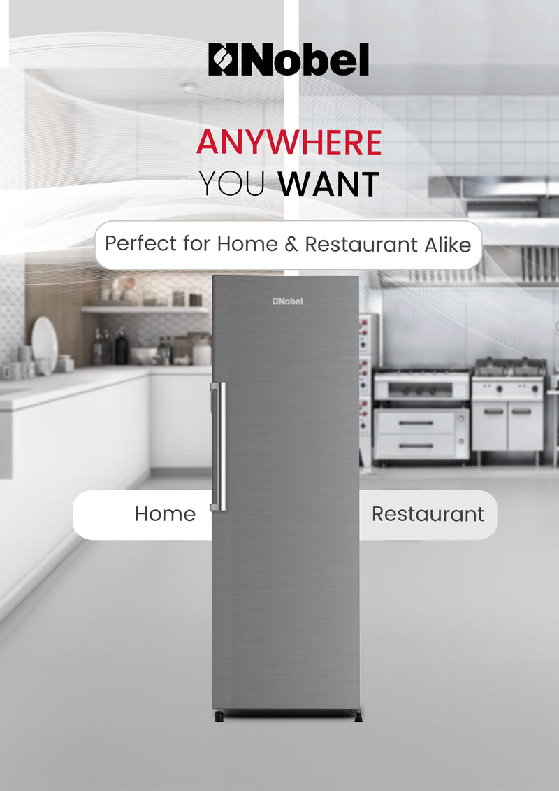 Nobel Single Door Upright Freezer 300 Litres Gross, 235 Litres Net Capcity, Defrost, 7 Drawers, 1 Ice Box, Lock & Key, R600a, 59.6 x 59.5 x 174.4 (W x D x H) cm, Silver, NUF350-4