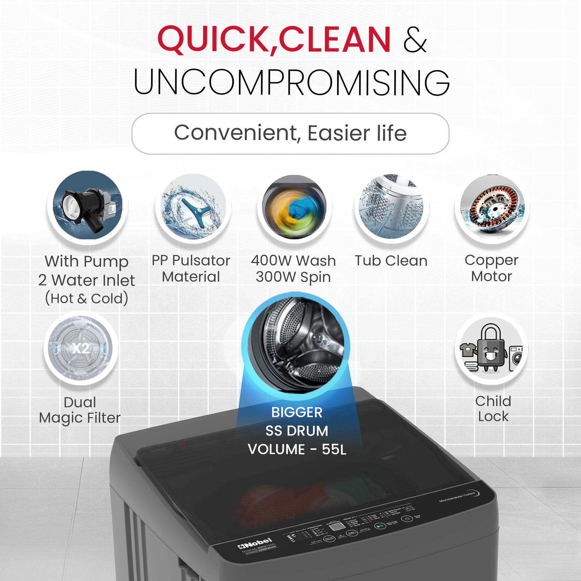 Top load washing machine 7 KG Capacity, Electronic Control, 12 Wash Programs - NWM750RI-4