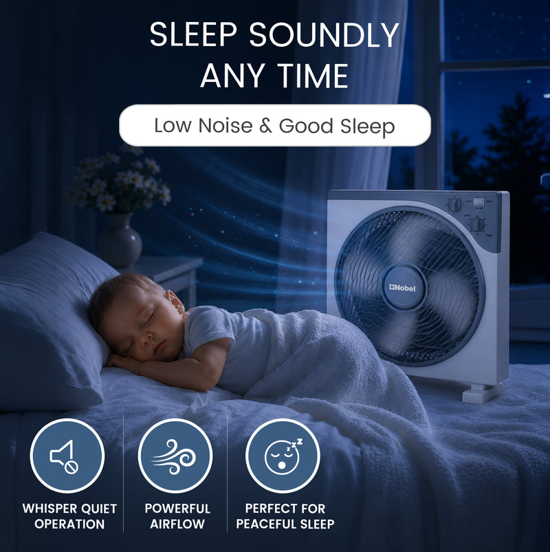 Nobel 12" Blade Box Fan, 3 Speed, Oscillation, Copper Motor, 5 Polypropylene Blade, 60-Minute Timer, Strong Airflow, Quiet Operation, 1200 RPM, 60W NBF12 White-4