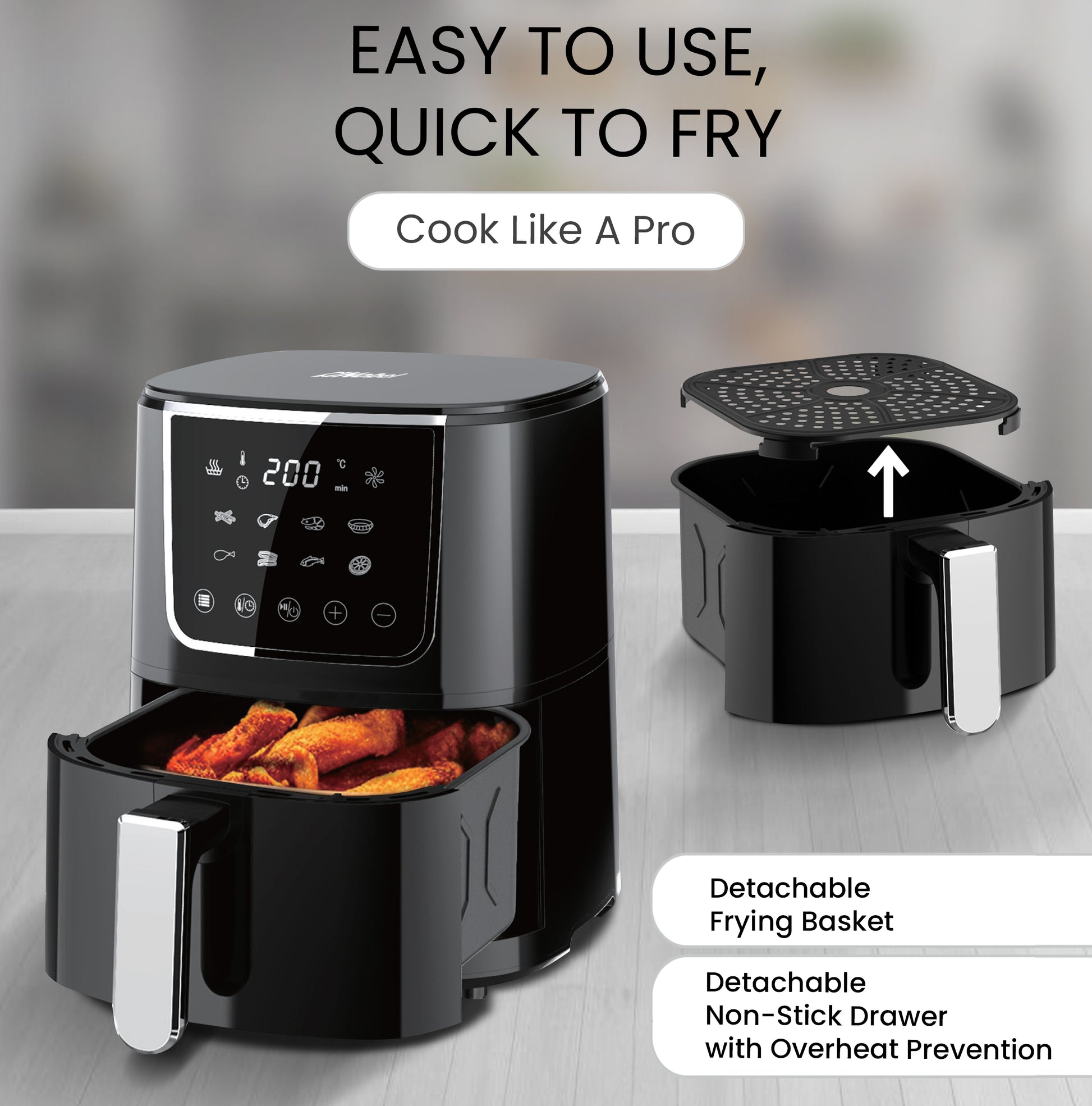Nobel Air Fryer 4L Capacity, Multifunctional Fryer with Delay Function, Overheat Prevention, Digital Touch, 8 Preset Programs, High-Speed Air Circulation, Non-Stick (1400W) NAF600 Black-4