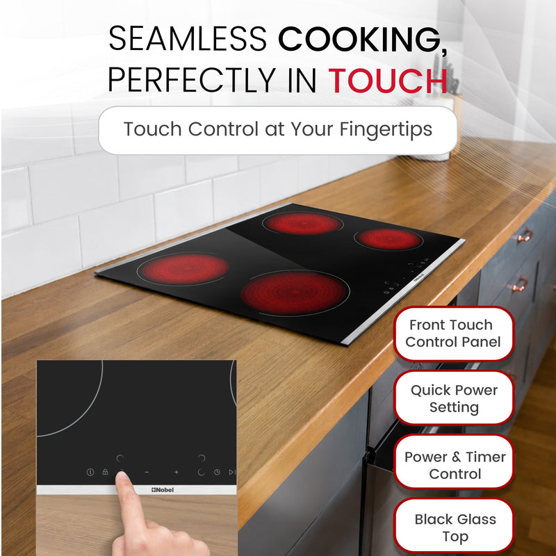 Nobel 60cm Built-in Hobs, Vitroceramic (Hilight), 4 Cooking Zones, 10 Power Levels, Touch Control, Child Safety Lock, Energy Saving, Heat Sensor, Quick Power Setting NBH6041V Black-5