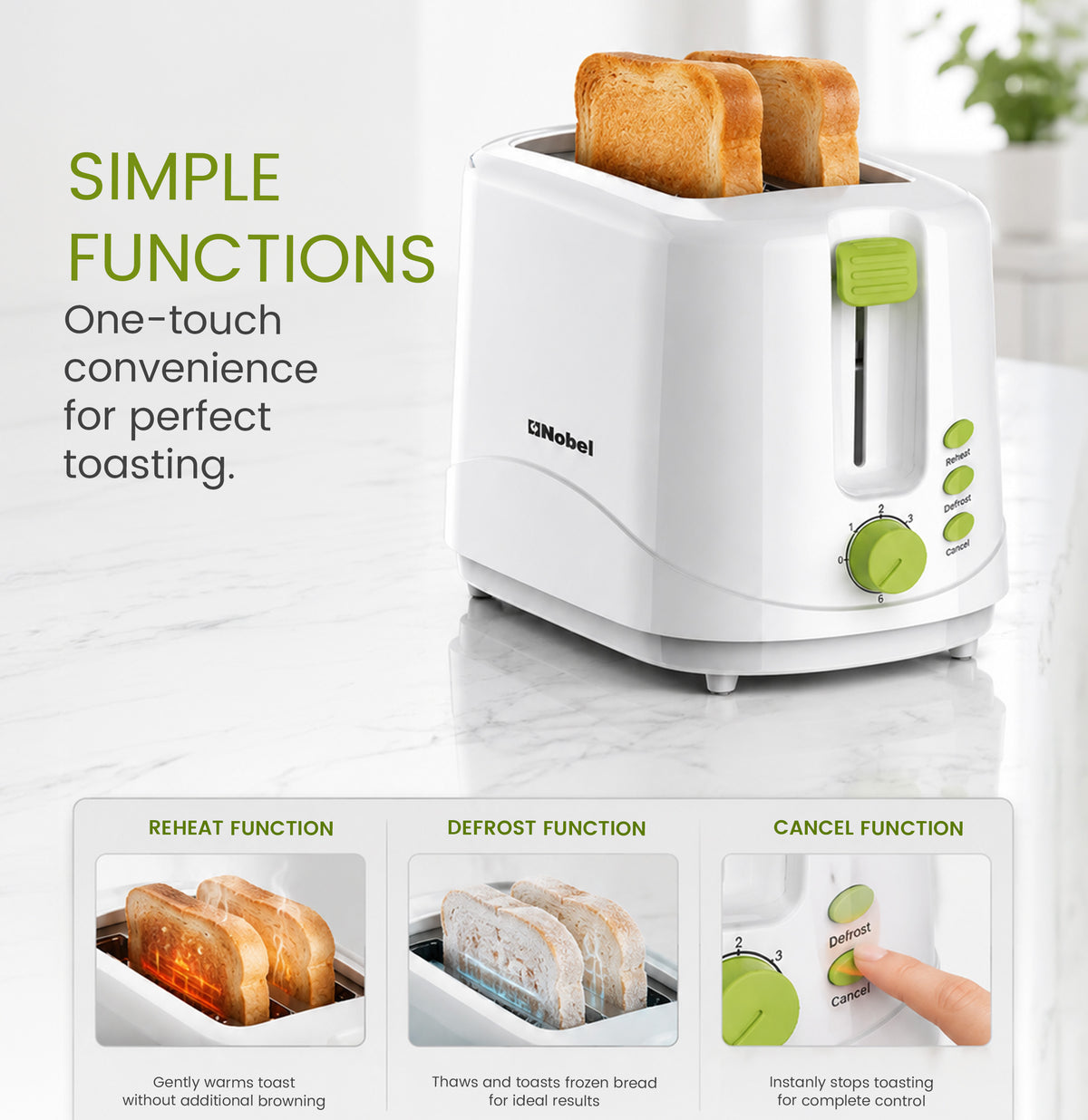 Nobel Sandwich Toaster 2 Slice Short Slot, Cord Storage, Cool-Touch, Adjustable Browning Control, 7 Settings, Cancel/Reheat/Defrost Function, Removable Crumb Tray NST2TI White-5