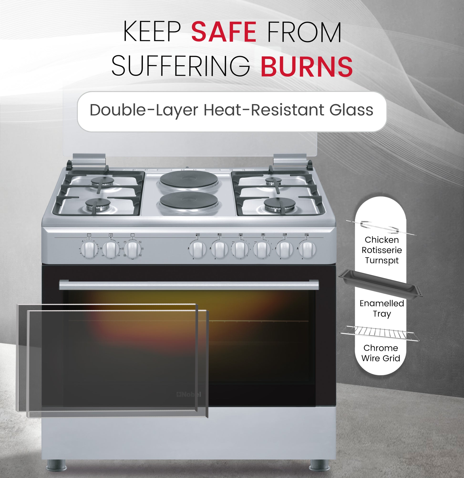 90 x 60 Electric & Gas Cooker, 4 Gas Burner, 2 Hot Plate, Electric Grill & Electric Oven, Made In Turkey - NGC9622-5