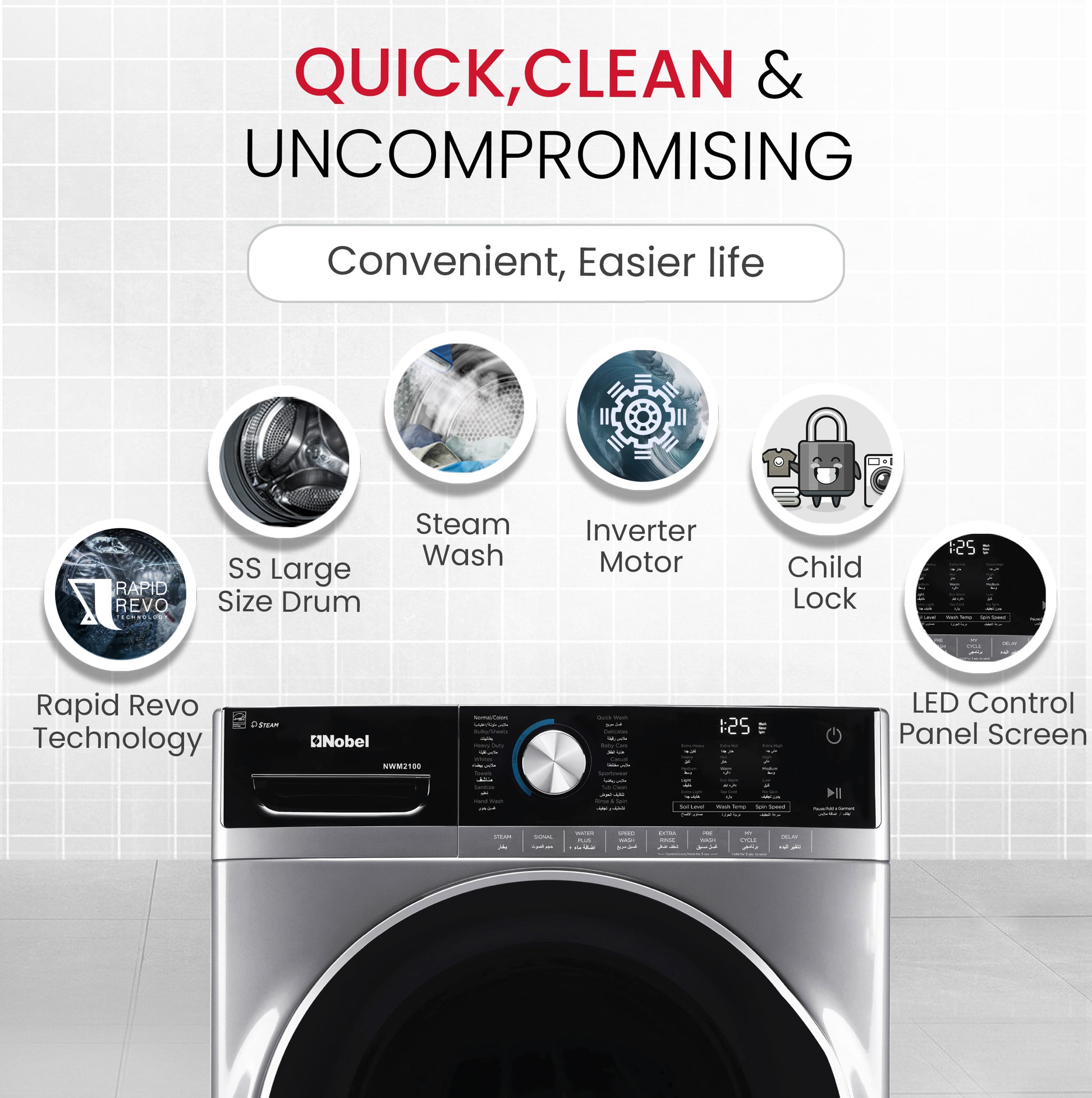 Front Load Washing Machine 21Kg, 14 Wash Programs, Automatic Load Sensor - NWM2100-4