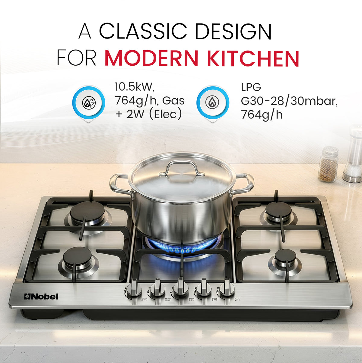 Nobel Gas Hobs Stainless Steel 90 Cm 5 Gas Burners Ffd NBH9501-5