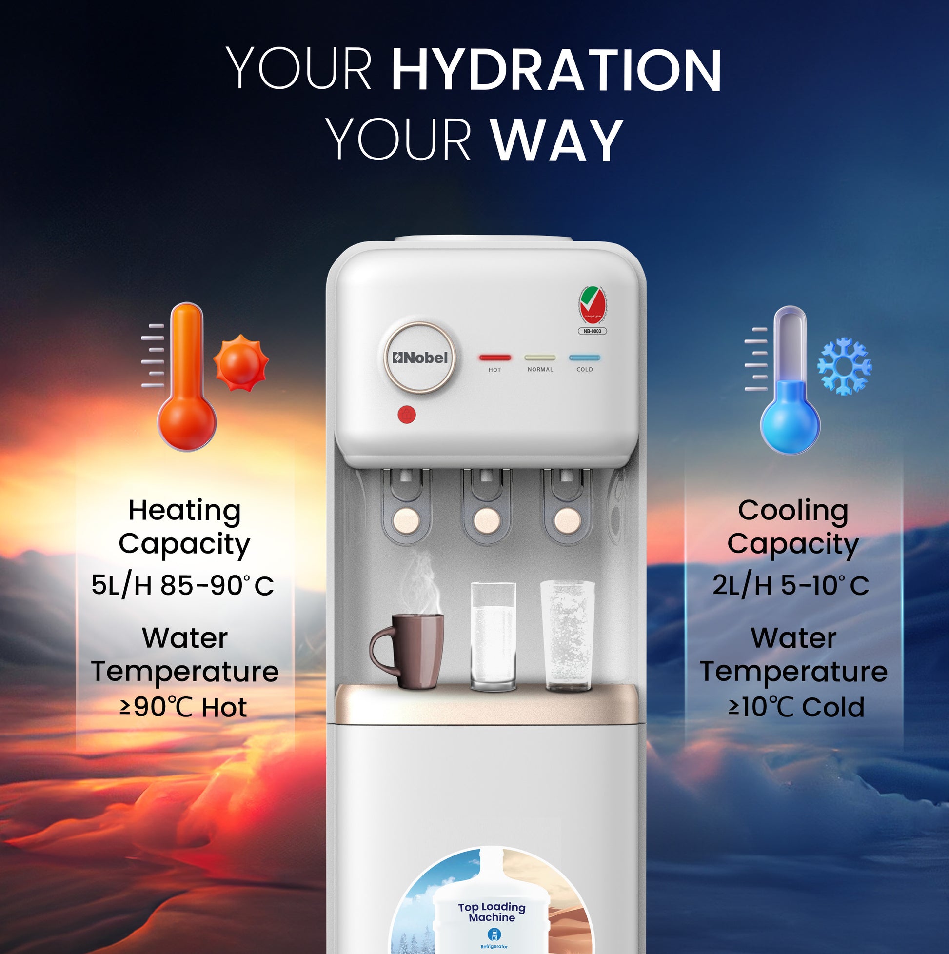 Nobel Freestanding 3 Tap Water Dispenser with Hot, Normal & Cold Taps, Refrigerator, 670W Power - NWD1608R White-5