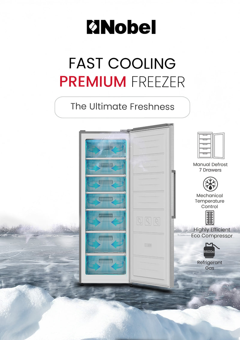 Nobel Single Door Upright Freezer 300 Litres Gross, 235 Litres Net Capcity, Defrost, 7 Drawers, 1 Ice Box, Lock & Key, R600a, 59.6 x 59.5 x 174.4 (W x D x H) cm, Silver, NUF350-5