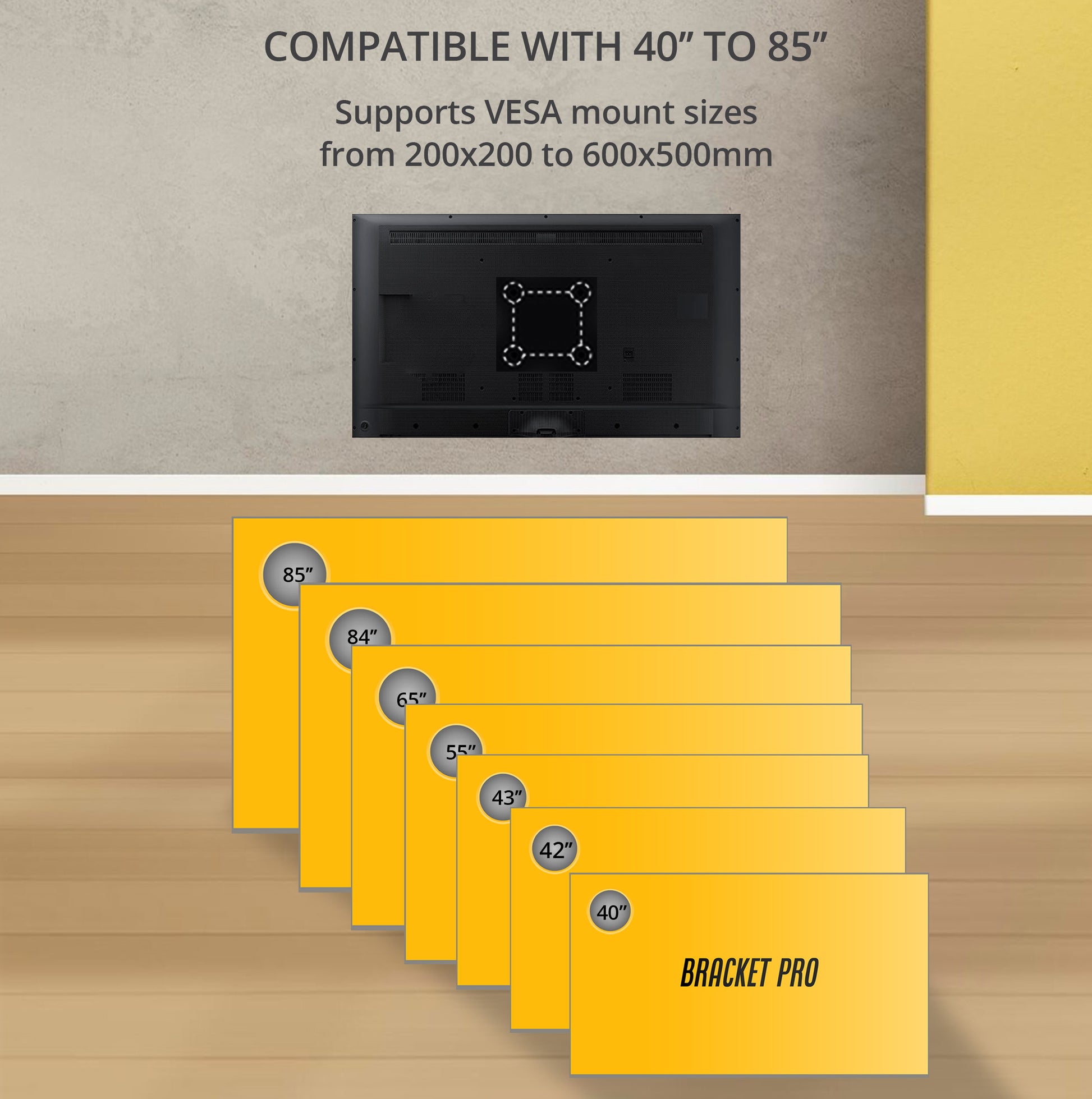 Bracket Pro Fixed TV Wall Mount, Black, for 40"-85" TVs, 200x200mm to 600x500mm VESA, 1.6mm Thickness, Easy Installation, Low-Profile Design - BPF4085 Black-4