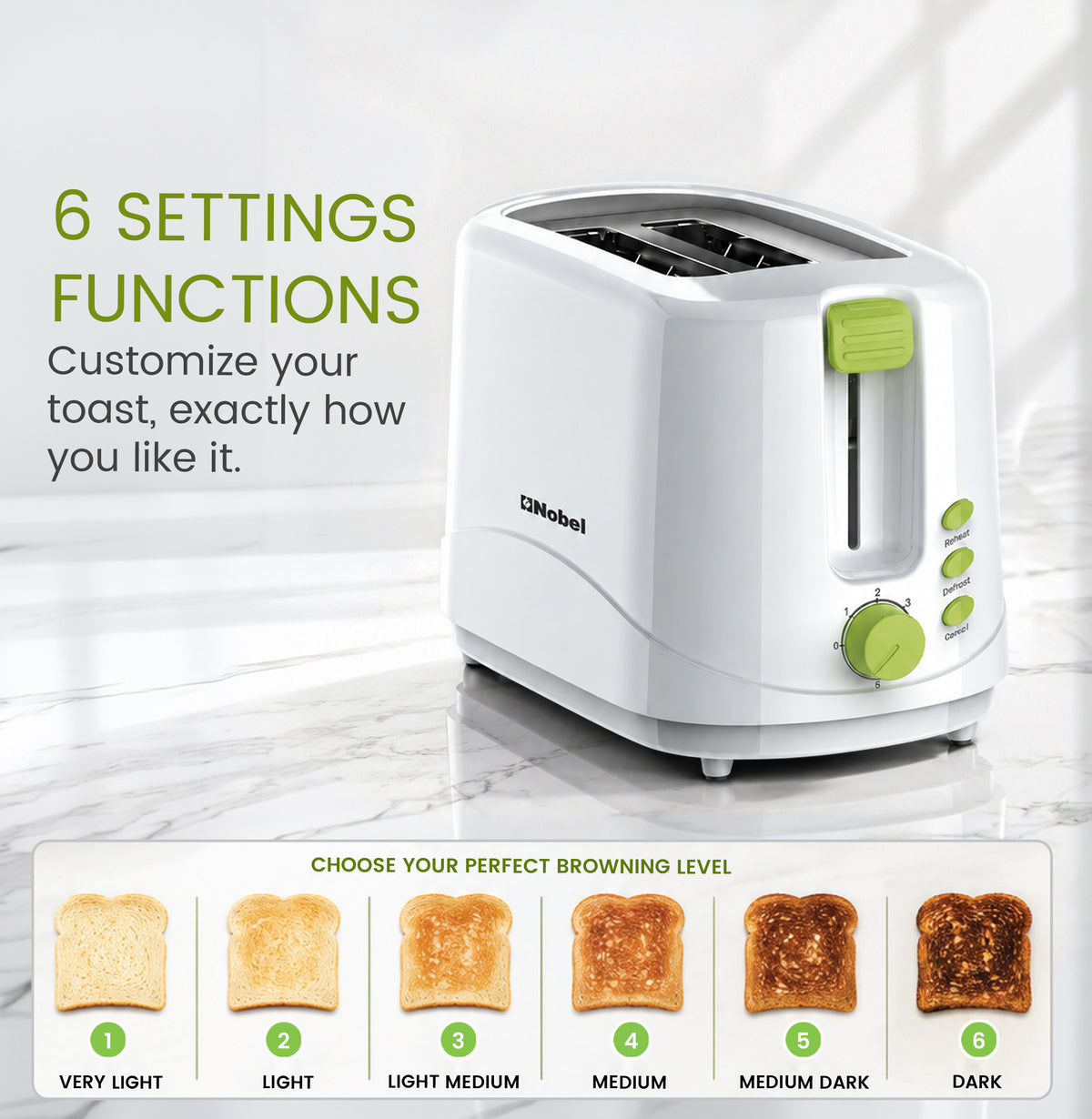 Nobel Sandwich Toaster 2 Slice Short Slot, Cord Storage, Cool-Touch, Adjustable Browning Control, 7 Settings, Cancel/Reheat/Defrost Function, Removable Crumb Tray NST2TI White-6