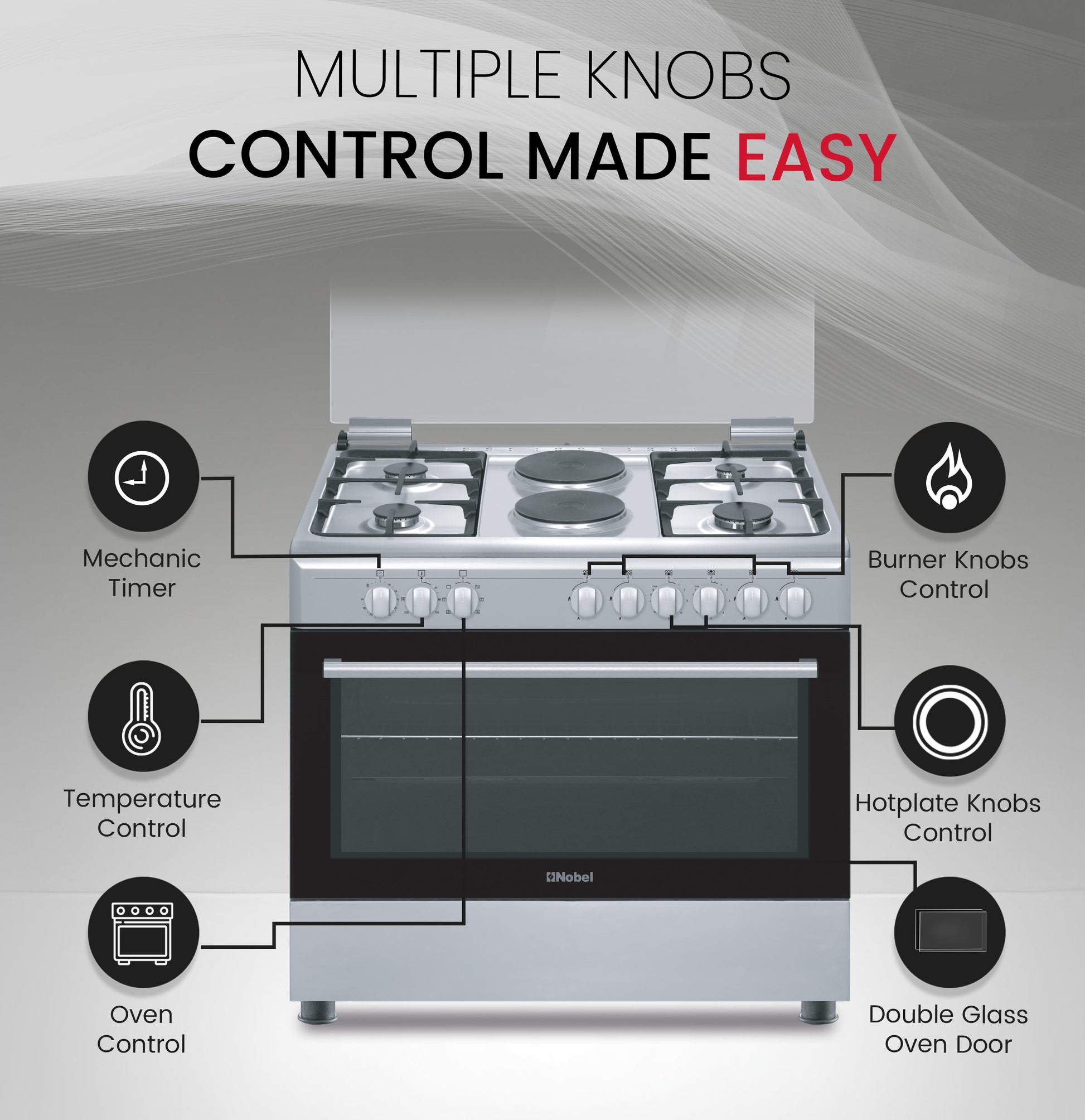 90 x 60 Electric & Gas Cooker, 4 Gas Burner, 2 Hot Plate, Electric Grill & Electric Oven, Made In Turkey - NGC9622-6