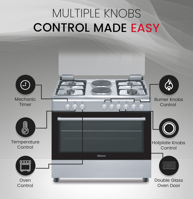 90 x 60 Electric & Gas Cooker, 4 Gas Burner, 2 Hot Plate, Electric Grill & Electric Oven, Made In Turkey - NGC9622-6