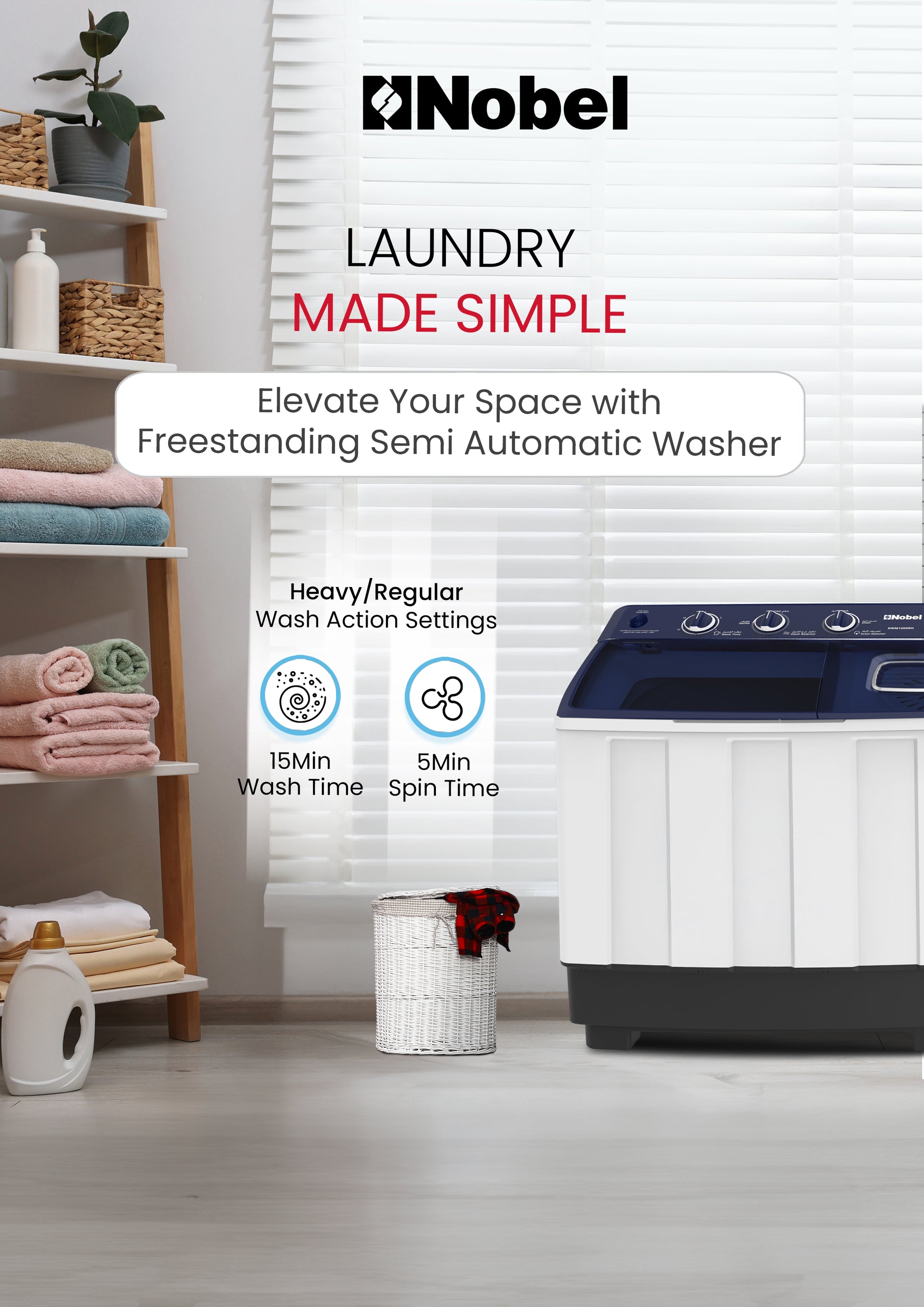 Nobel Semi-Automatic Washers Twin Tub White 10 Kgs/ 5.5 Kgs NWM1200RH-5