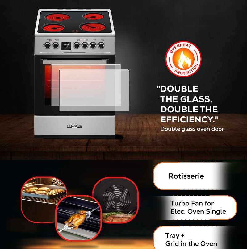 60x60 cm Vitroceramic Electric Cooker, 4 Highlight Ceramic Heaters, Free-Standing Oven, Turbo Fan, Double Glass Door - LMC60VT-5