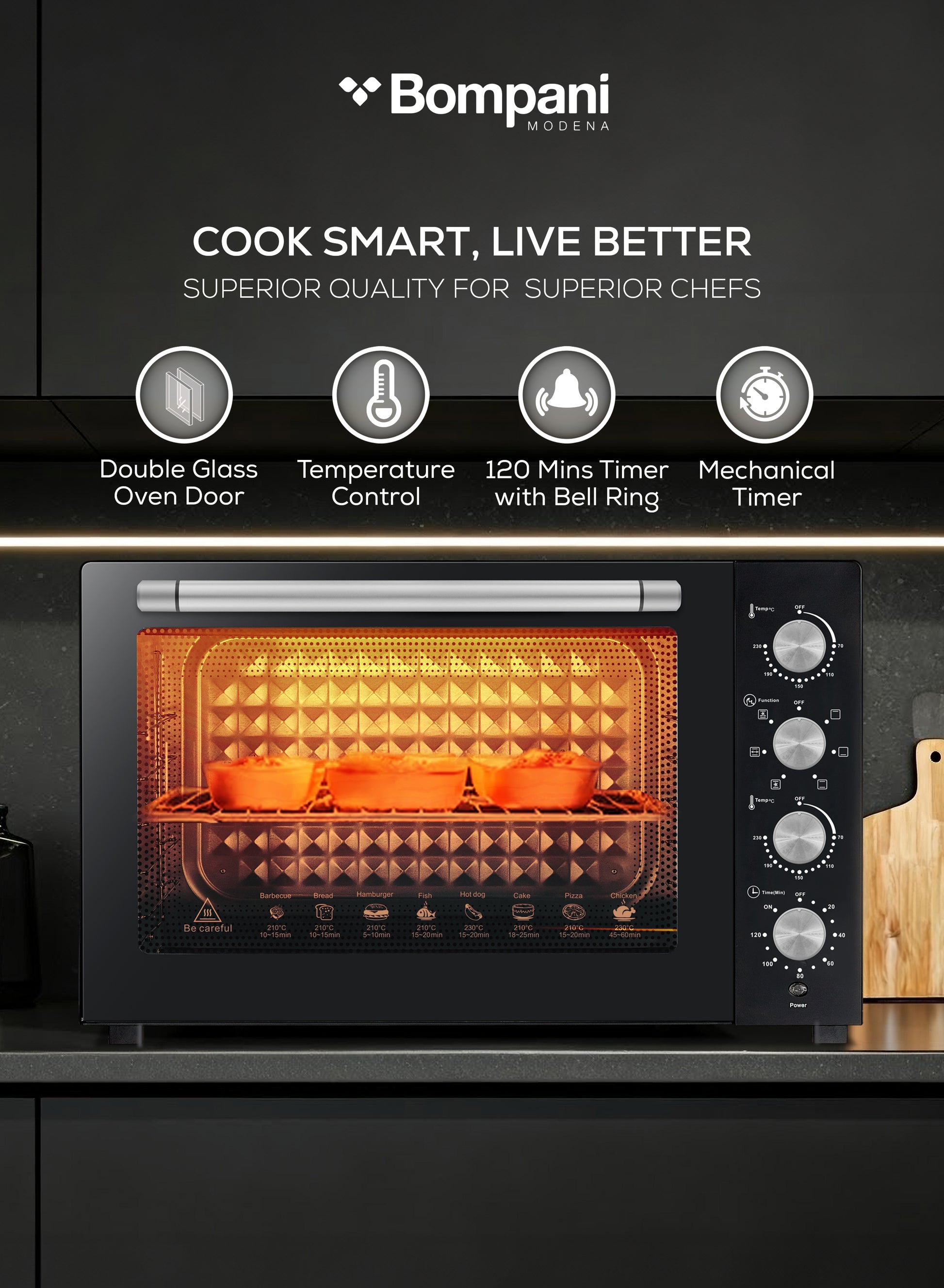 Bompani 100L Electric Oven 2800W Adjustable Thermostat & Timer, Convection, Lamp & Rotisserie, Double Glass Door, 4 Control Knobs, Straight & M-Shape Heating Elements – BEO120-5