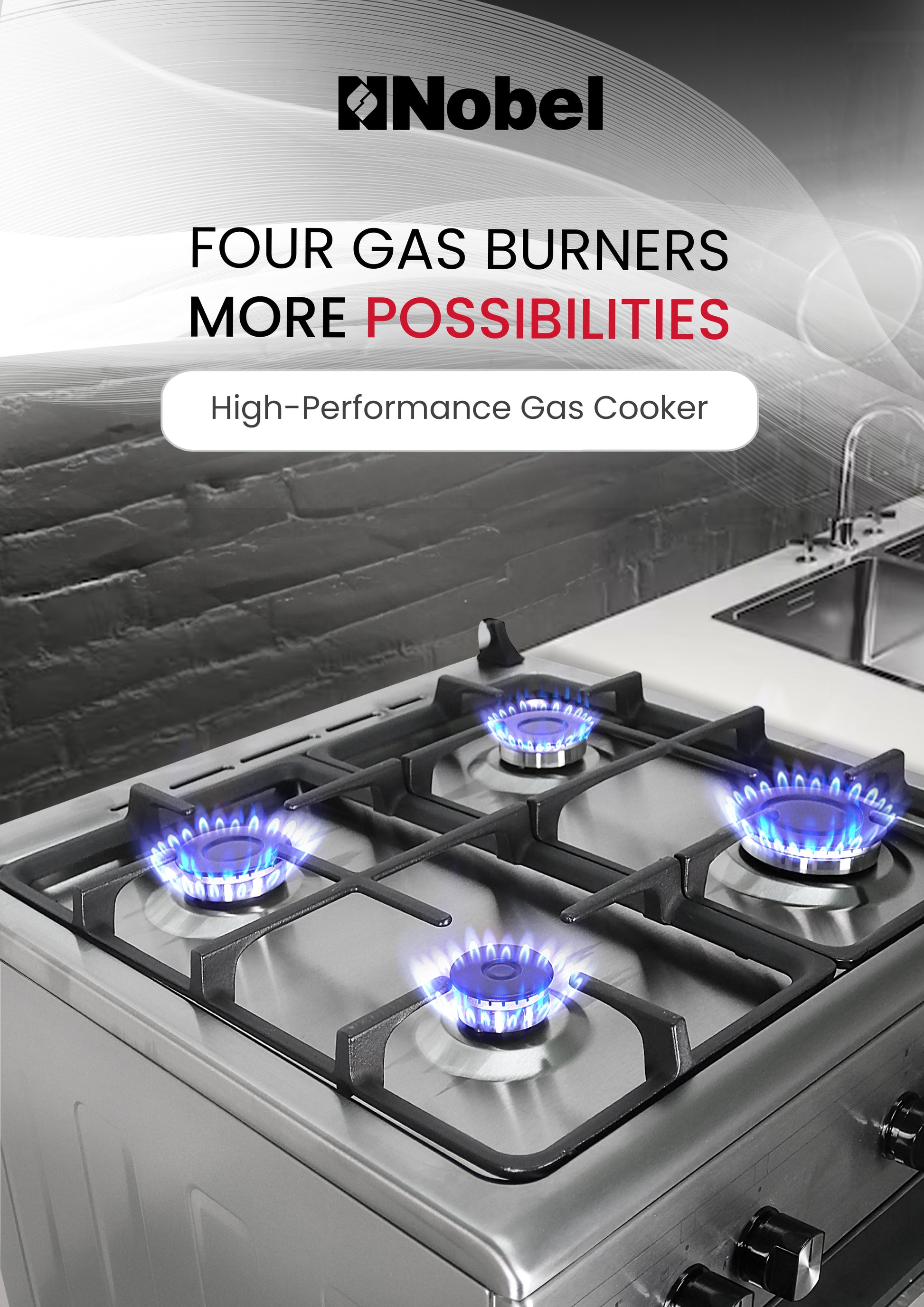 60x60 Free Standing Gas Cooker with Gas Oven & Grill 4 Gas Burners, Full Safety, Made in Turkey - NGC6062-5