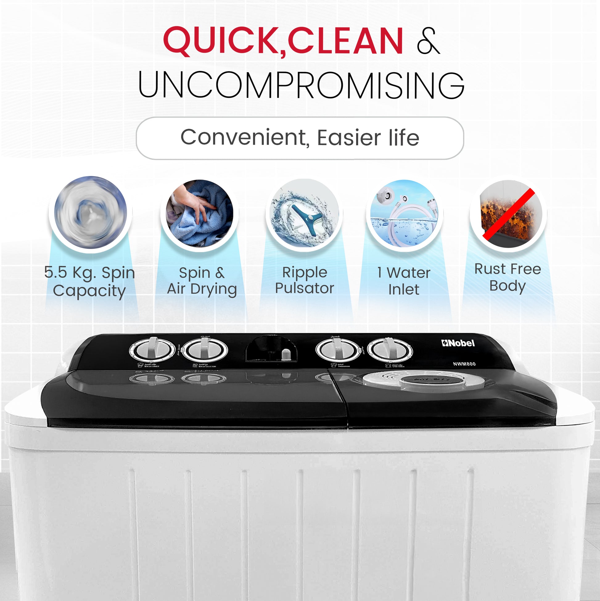 Semi-Automatic Twin Tub Washing Machine 7.0Kg Wash /5.5Kg Spin Capacity Efficient Washer - NWM800-5