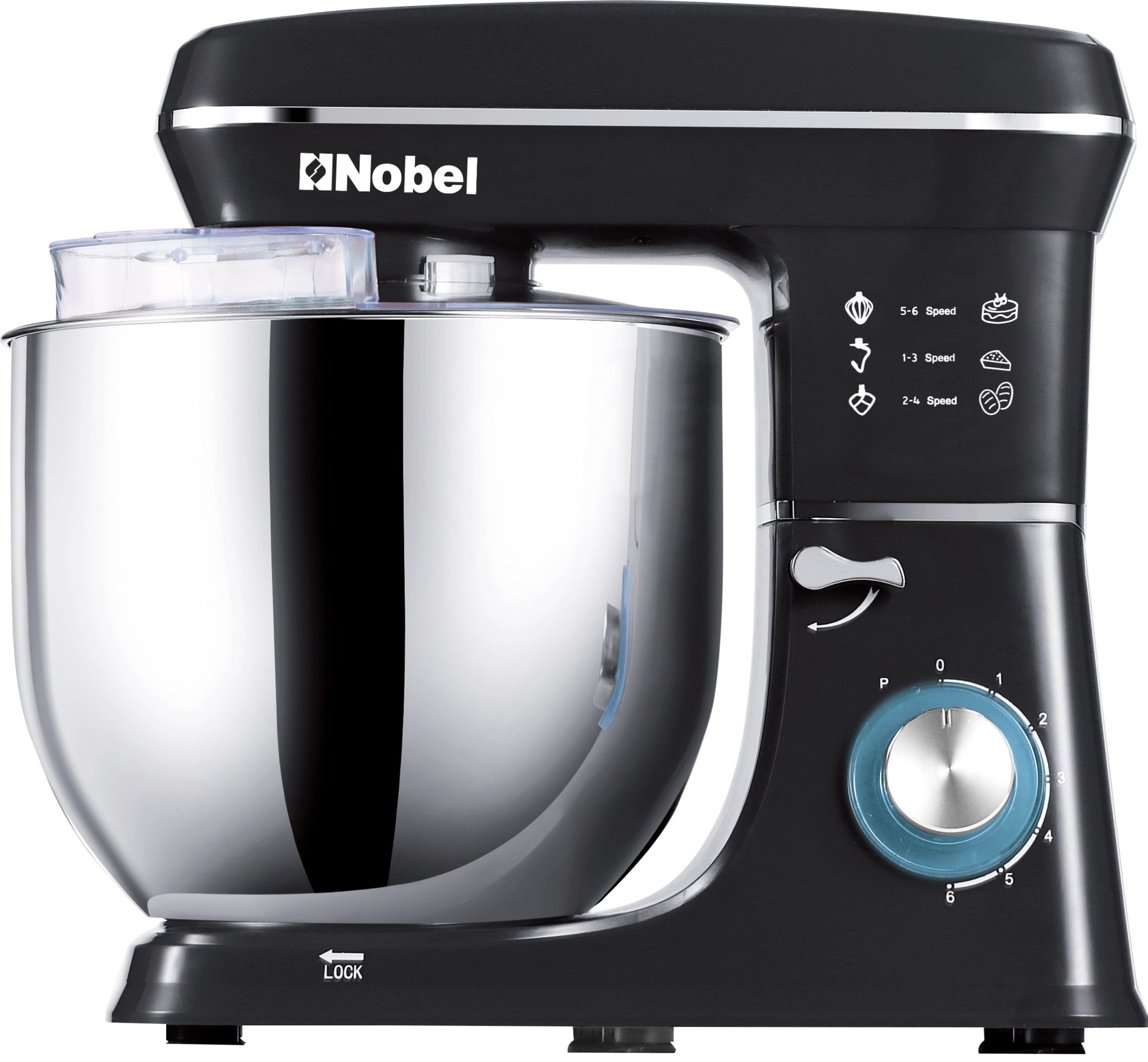 Nobel Stand Mixer 10L Stainless Steel Bowl, 6 Speeds with Pulse Function - LED Indicator, Vibration Absorption Design, 1100W Power NBM120 Black-1