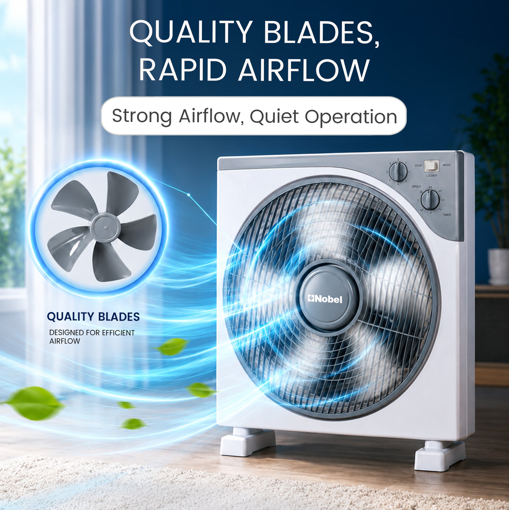 Nobel 12" Blade Box Fan, 3 Speed, Oscillation, Copper Motor, 5 Polypropylene Blade, 60-Minute Timer, Strong Airflow, Quiet Operation, 1200 RPM, 60W NBF12 White-5