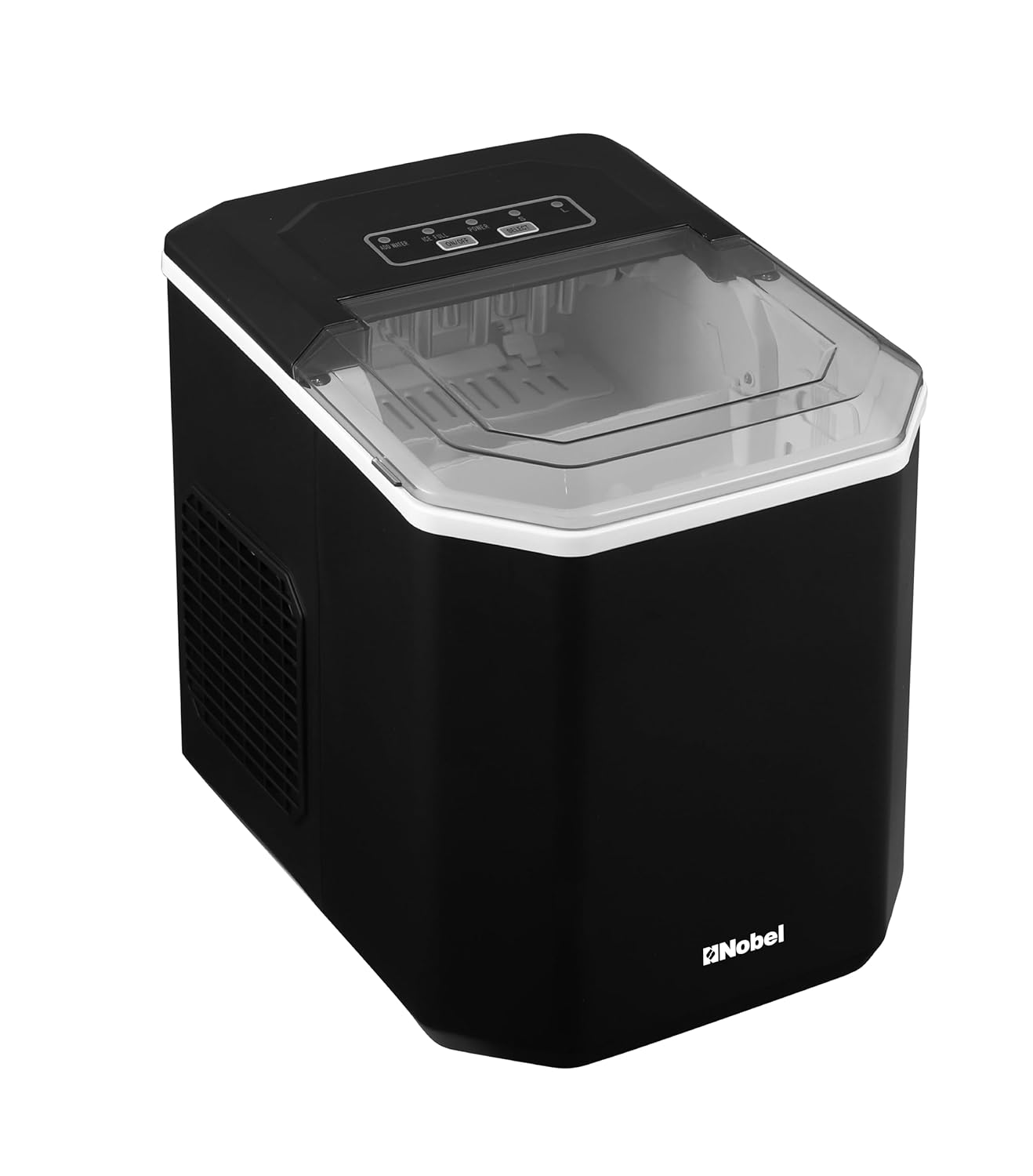 Nobel Ice Maker, 12Kgs 25°C Ice Capacity Daily, 1.3L Water Tank Storage, Bullet Ice Cube Shape, Water Shortage Indicator,Infrared Sensor, LED Display, R600a Refrigerant NIM15S Black