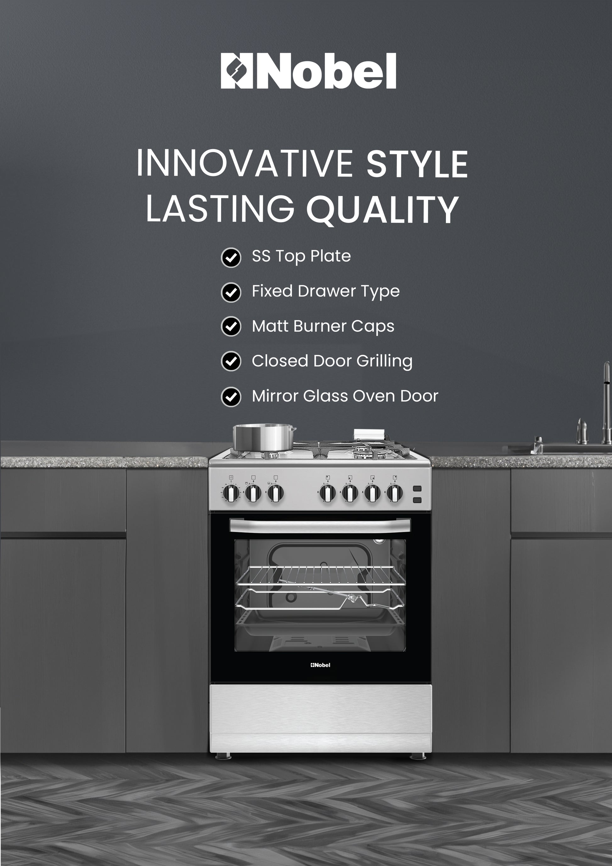60x60 Free Standing Gas Cooker with Gas Oven & Grill 4 Gas Burners, Full Safety, Made in Turkey - NGC6062-6