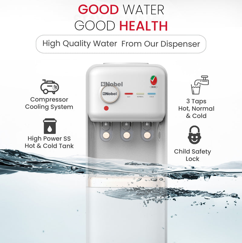 Nobel Freestanding 3 Tap Water Dispenser with Hot, Normal & Cold Taps, Refrigerator, 670W Power - NWD1608R White-6