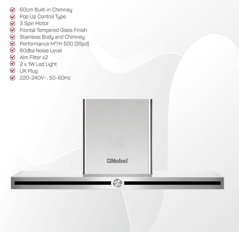 Nobel Builtin Chimney Stainless Steel 60Cm 2 Led Lights Carbon Filter NBI8652CH-5
