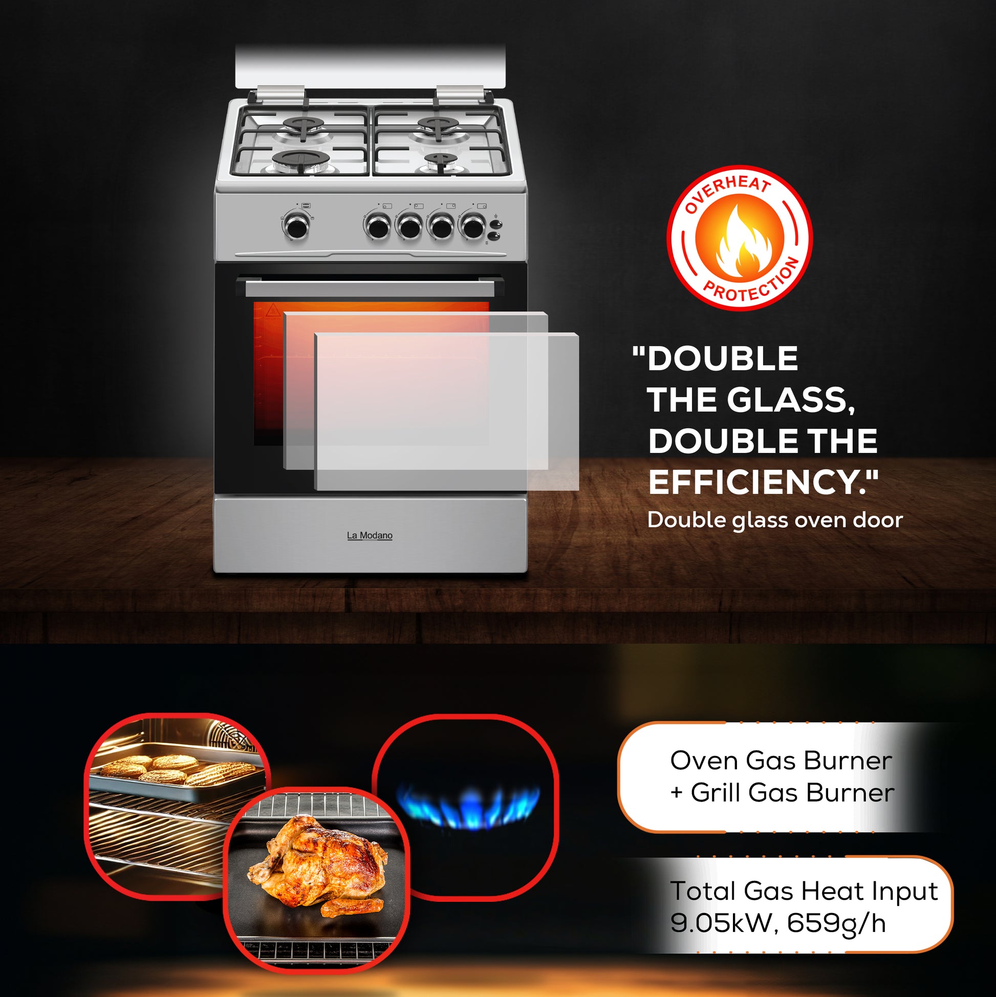 60x60 cm Gas Cooker with 72L Oven Cavity, 4 Gas Burners, Grill & Oven Burner - LMC6600-6