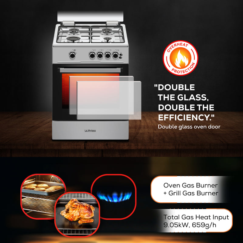 60x60 cm Gas Cooker with 72L Oven Cavity, 4 Gas Burners, Grill & Oven Burner - LMC6600-6