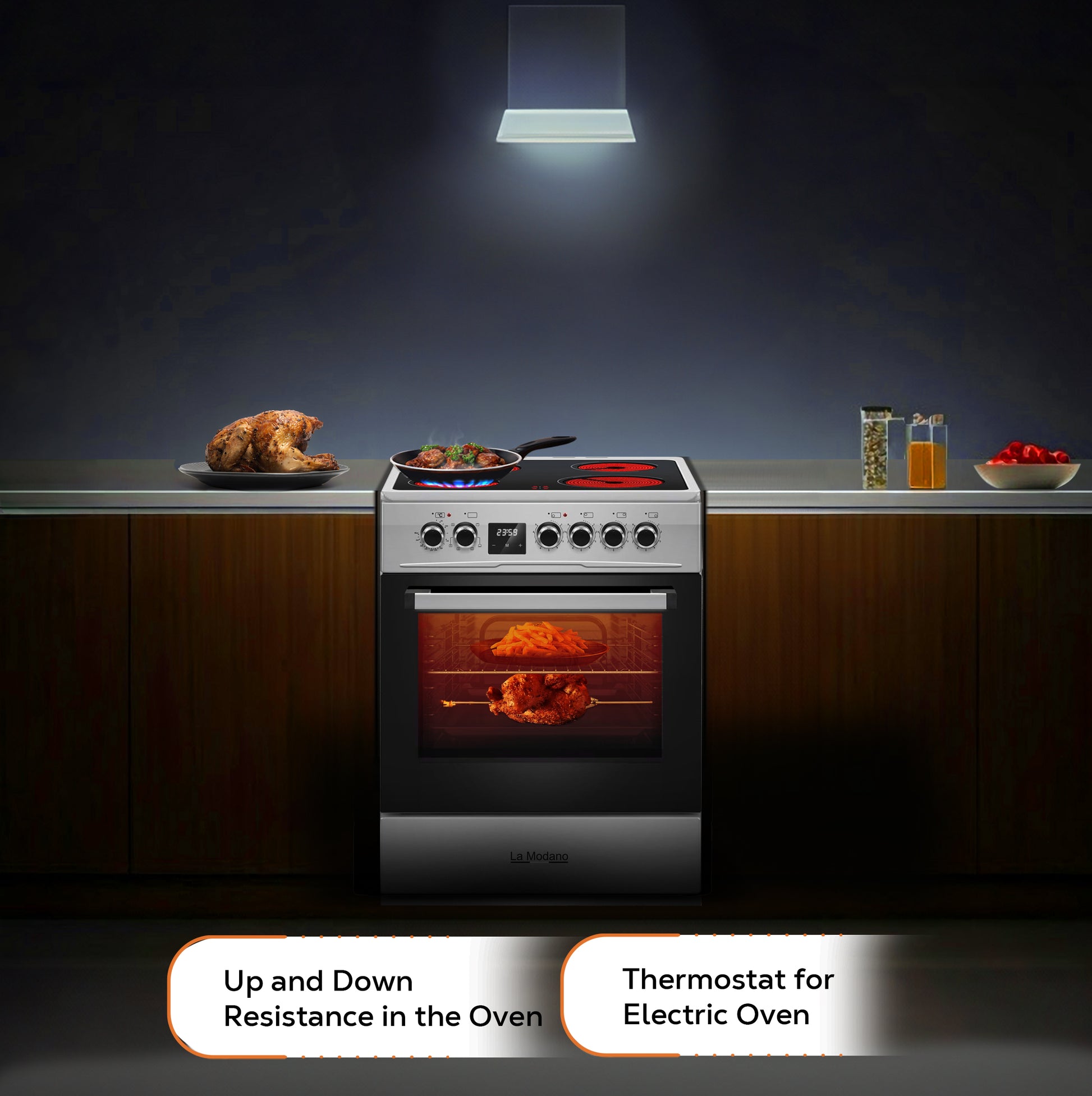 60x60 cm Vitroceramic Electric Cooker, 4 Highlight Ceramic Heaters, Free-Standing Oven, Turbo Fan, Double Glass Door - LMC60VT-6