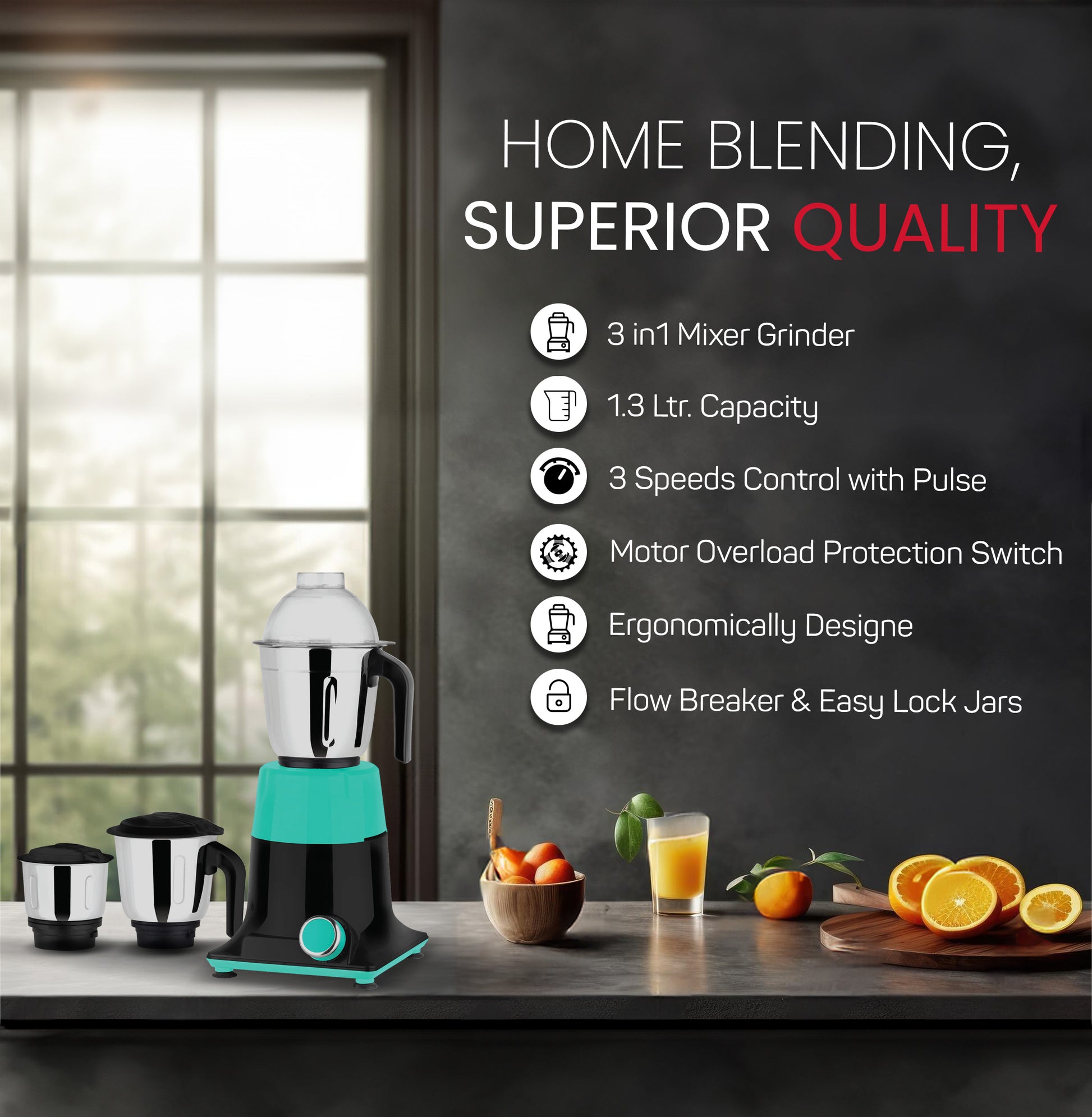 Nobel 3 in 1 Mixer Grinder, Powerful Motor, Wet Grinding Jar, Dry Grinding Jar, Chutney Jar, 3 Speed Control, Pulse Function, Stainless Steel Jars & Blades, Made in India NB301SS-6