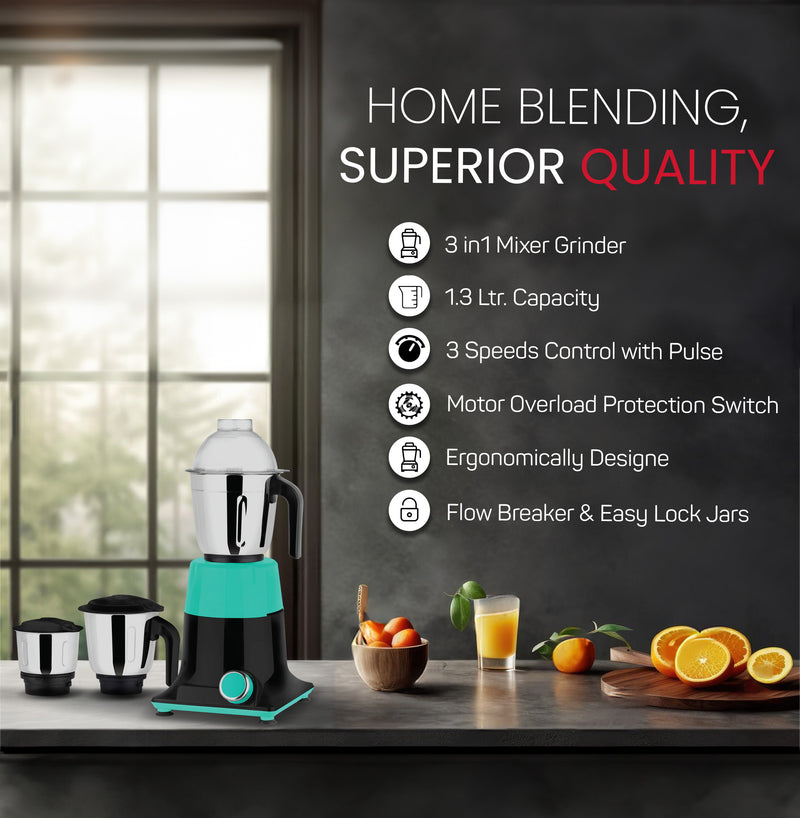 Nobel 3 in 1 Mixer Grinder, Powerful Motor, Wet Grinding Jar, Dry Grinding Jar, Chutney Jar, 3 Speed Control, Pulse Function, Stainless Steel Jars & Blades, Made in India NB301SS-6