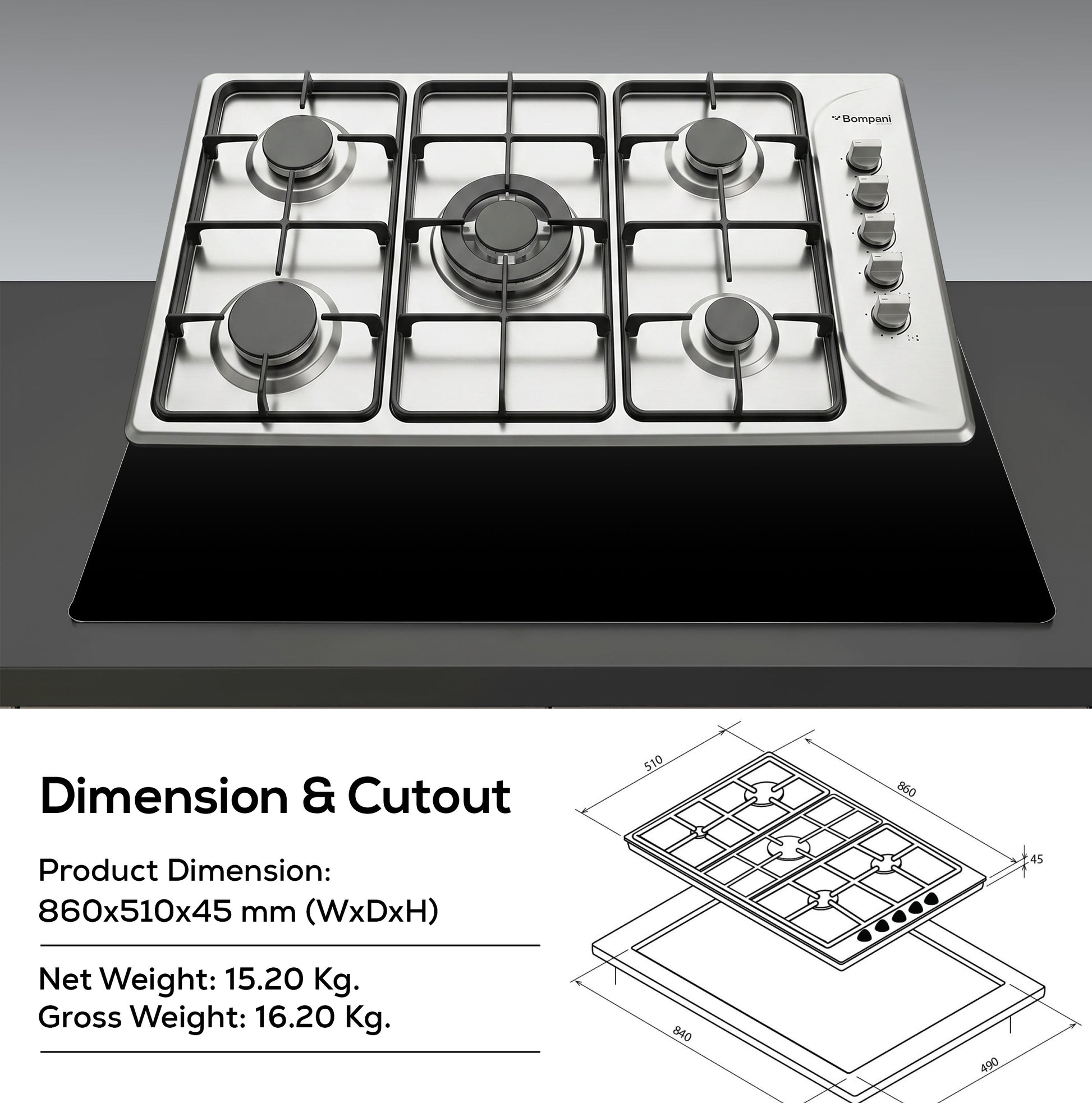 Bompani Built-in - Gas Hobs Stainless Steel 90cm FFD BO293MV-7