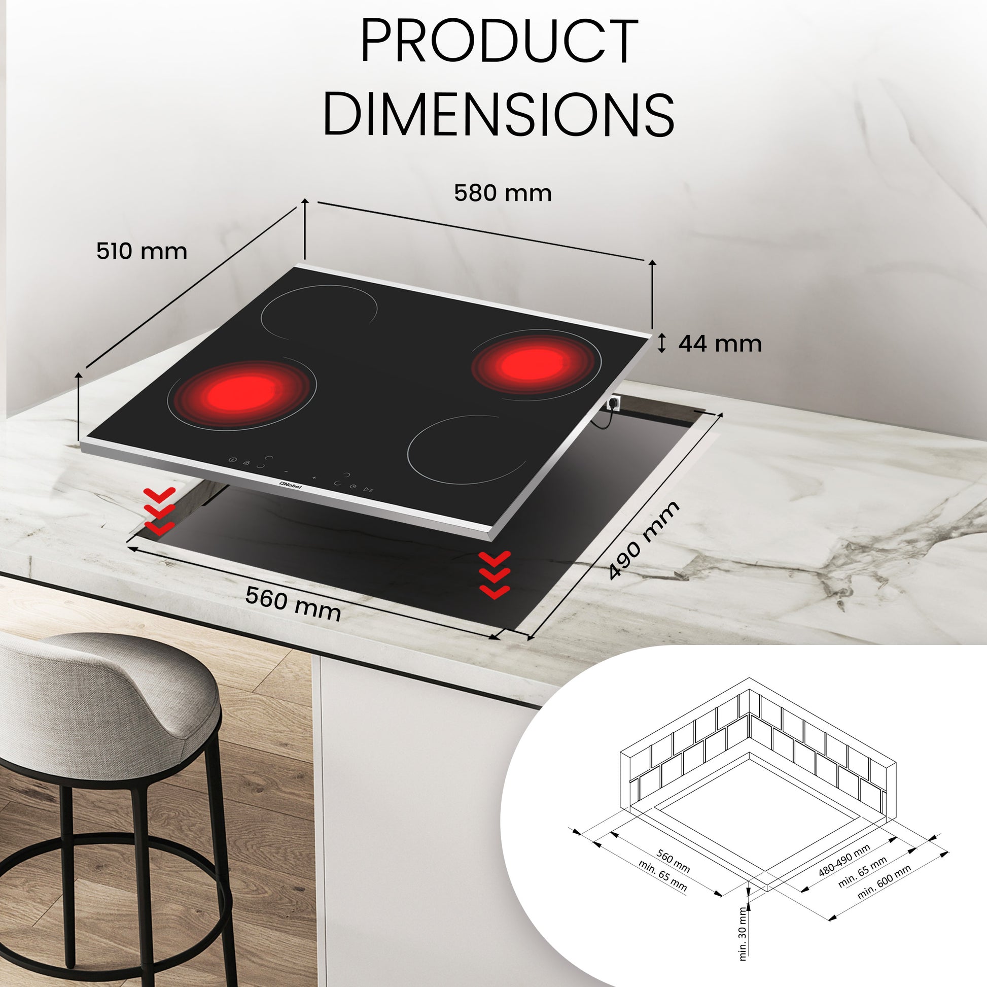Nobel 60cm Built-in Hobs, Vitroceramic (Hilight), 4 Cooking Zones, 10 Power Levels, Touch Control, Child Safety Lock, Energy Saving, Heat Sensor, Quick Power Setting NBH6041V Black-7