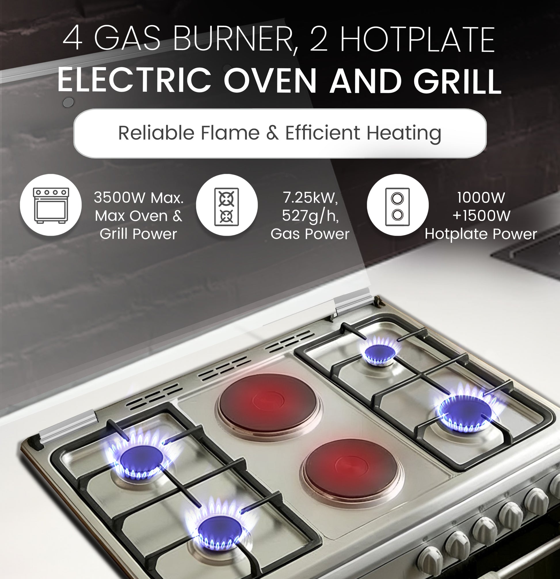 90 x 60 Electric & Gas Cooker, 4 Gas Burner, 2 Hot Plate, Electric Grill & Electric Oven, Made In Turkey - NGC9622-7