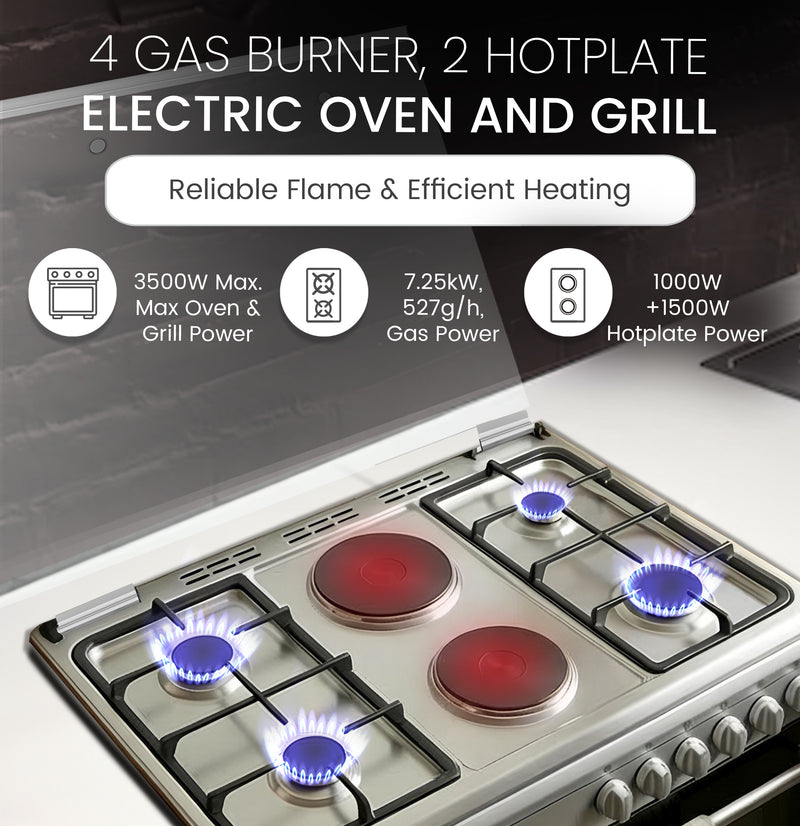 90 x 60 Electric & Gas Cooker, 4 Gas Burner, 2 Hot Plate, Electric Grill & Electric Oven, Made In Turkey - NGC9622-7