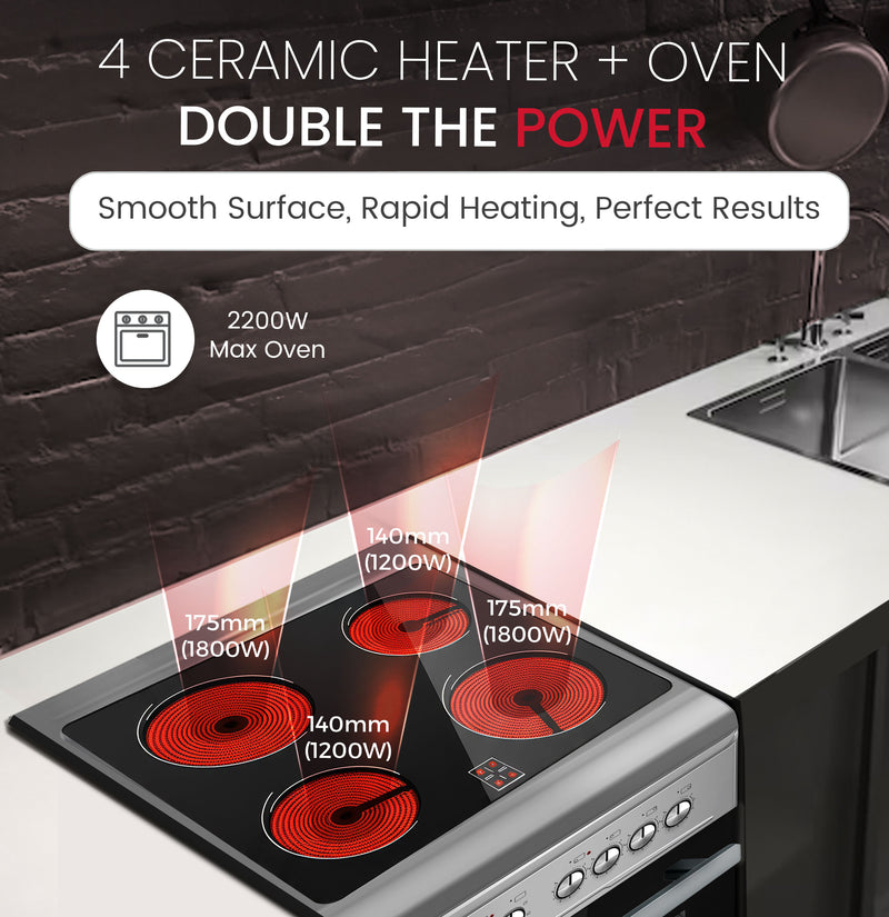 60x60cm Vitroceramic Cooking Range 4 Highlight Ceramic Heaters, 70L Electric Oven, 9 Power Levels, Turbo Fan, Mechanical Timer - NGC60VTI-6