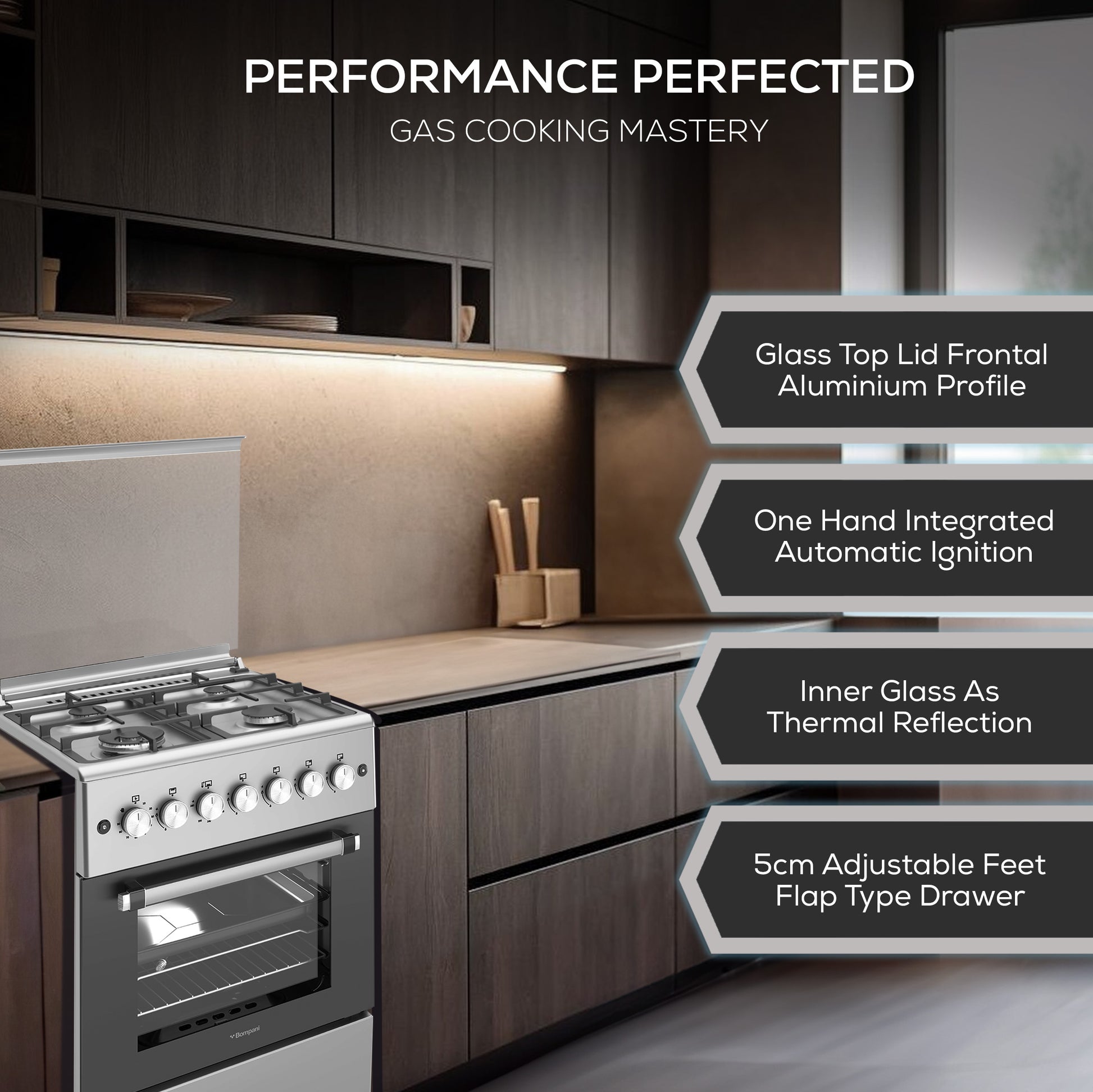 Bompani Gas Cooking range 60X60 Cm Full Safety,4 Gas Burners, Mechanical Timer - BO613YAL-6