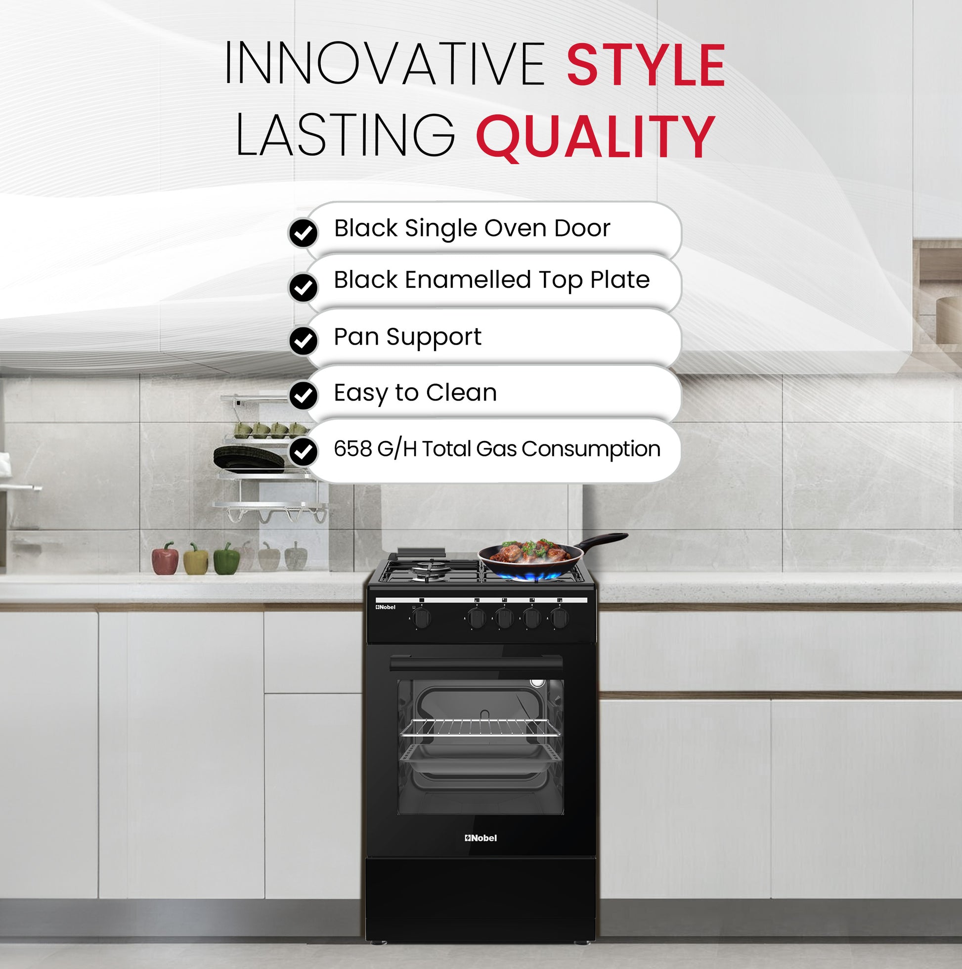 50x50 Gas Cooker with 4 Gas Burners, Gas Oven, Euro Pool Type Hob, Made in Turkey - NGC5000BK-6