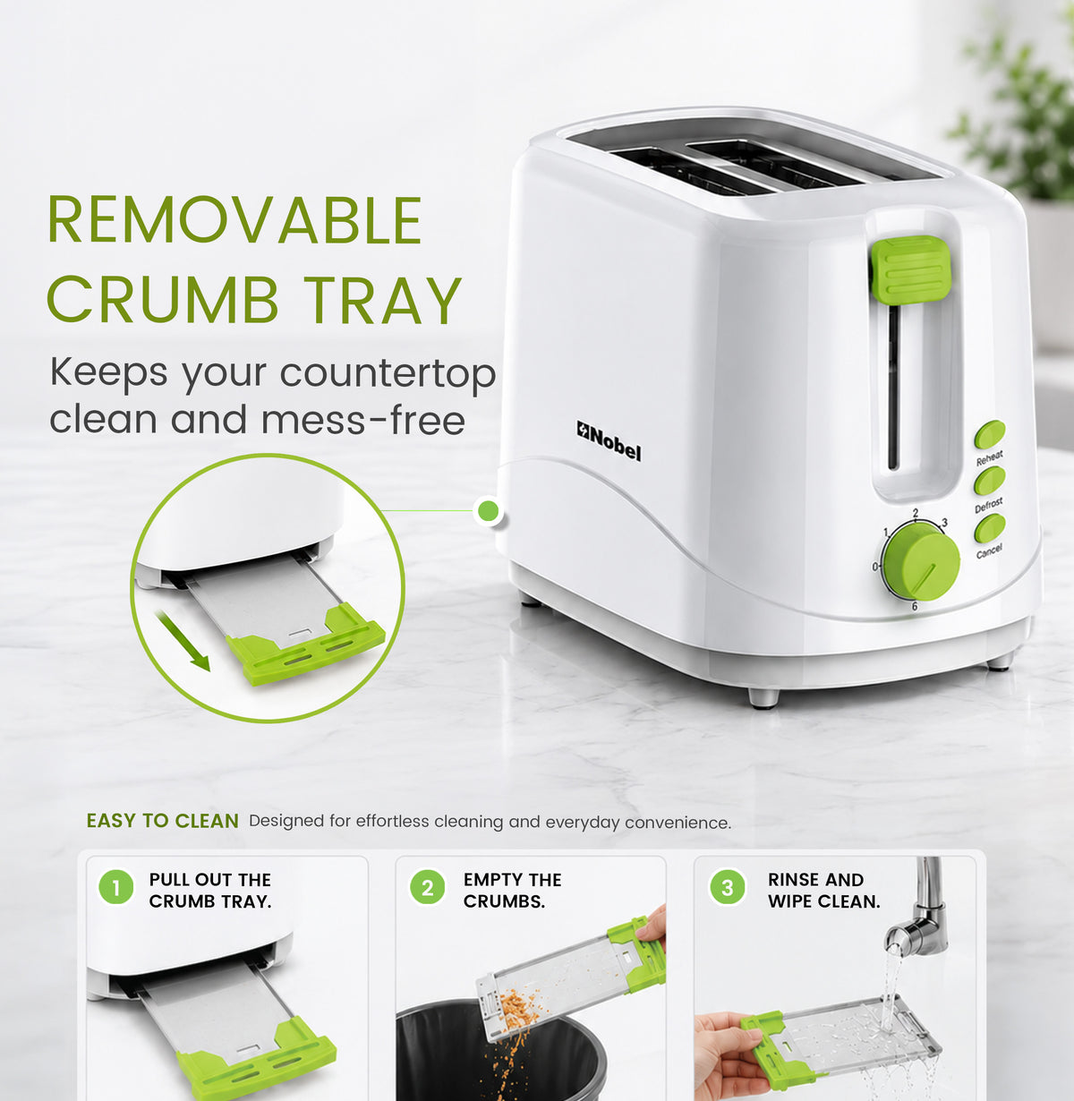 Nobel Sandwich Toaster 2 Slice Short Slot, Cord Storage, Cool-Touch, Adjustable Browning Control, 7 Settings, Cancel/Reheat/Defrost Function, Removable Crumb Tray NST2TI White-7