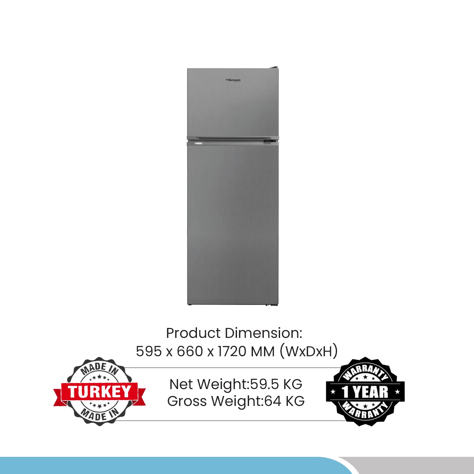 Bompani Double Door Refrigerators Inox 332 Ltrs No Frost Recessed Handle R600A Inside Condenser BR400SS-6