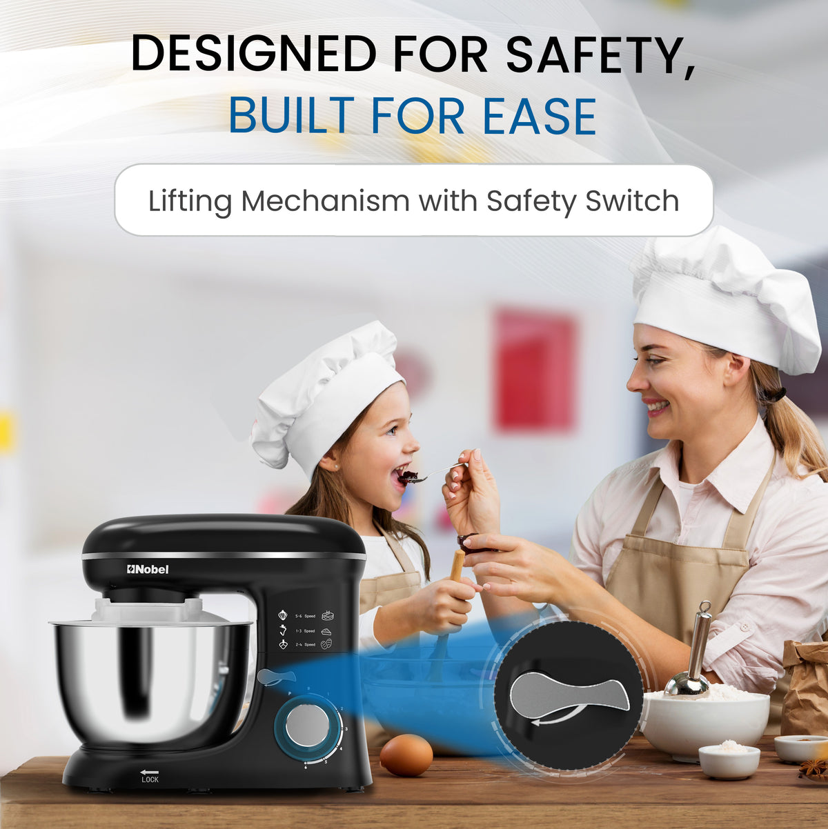 Nobel Stand Mixer, Full Metal Gear System, 4L Stainless Steel Bowl - 6 Speeds, LED, Safety Switch, Anti-slip Feet, 800W NBM60 Black-6