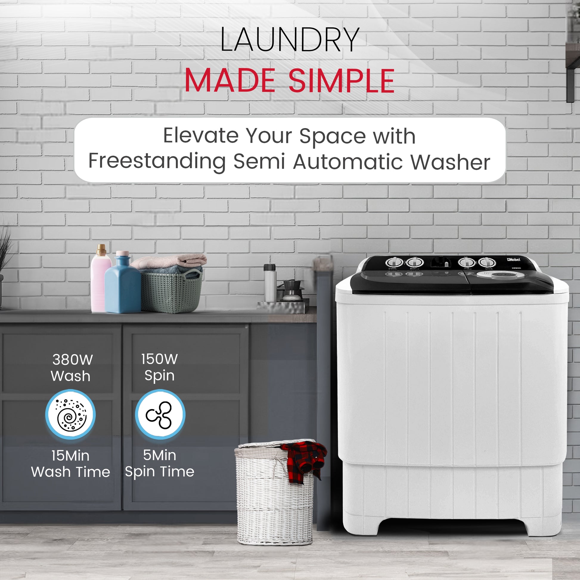 Semi-Automatic Twin Tub Washing Machine 7.0Kg Wash /5.5Kg Spin Capacity Efficient Washer - NWM800-6
