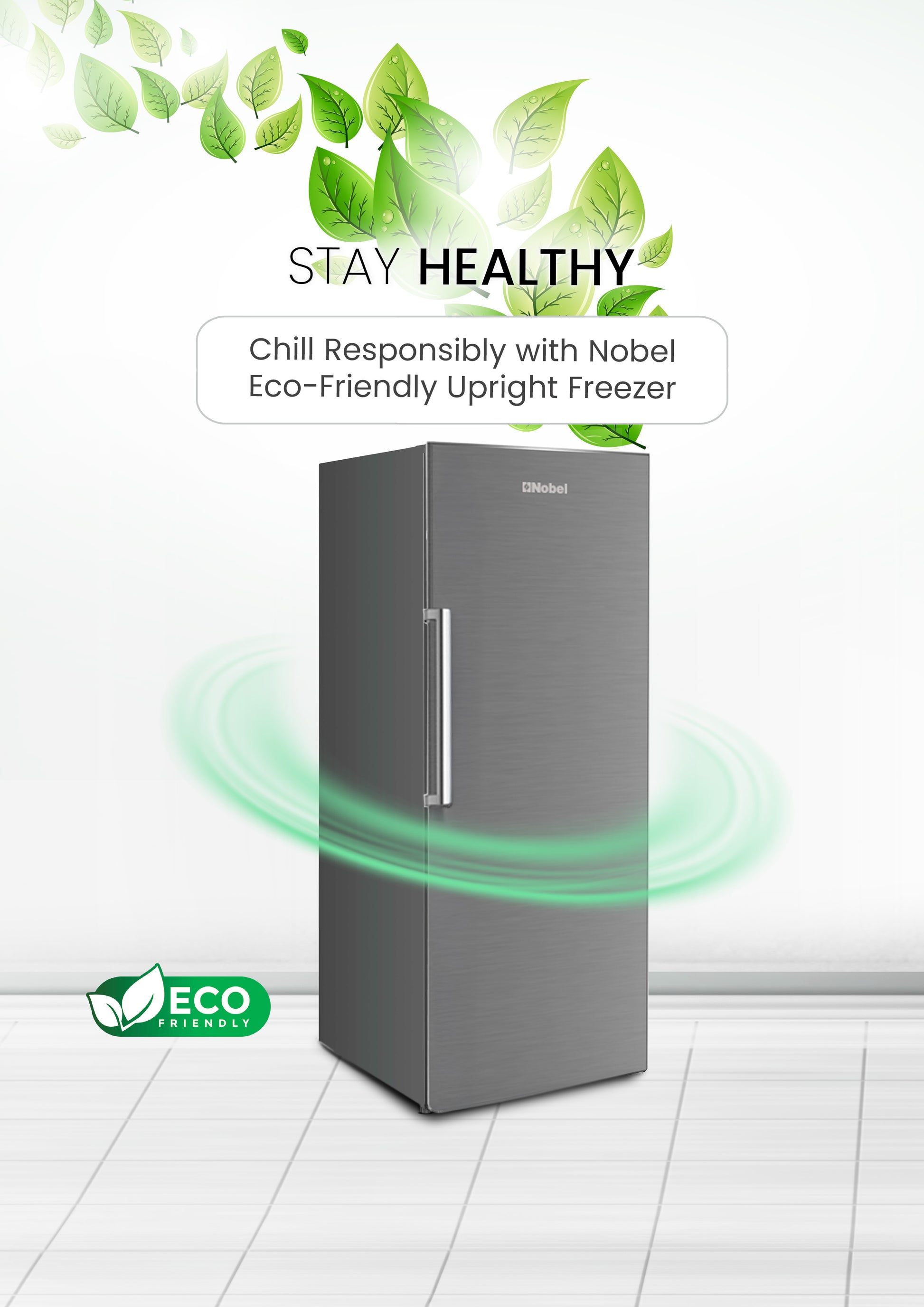 Nobel Single Door Upright Freezer 300 Litres Gross, 235 Litres Net Capcity, Defrost, 7 Drawers, 1 Ice Box, Lock & Key, R600a, 59.6 x 59.5 x 174.4 (W x D x H) cm, Silver, NUF350-6