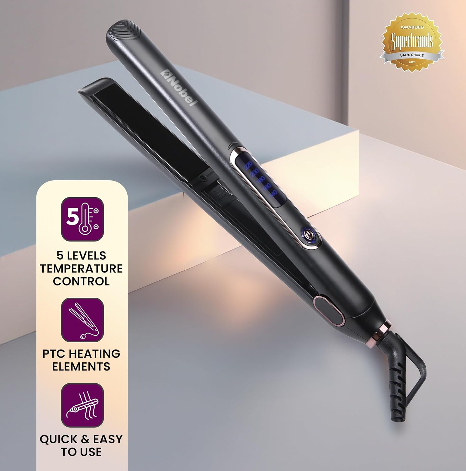 Nobel Hair Straightener With PTC Heating Plate 5 Temperature Control Levels LED Indicator Fast Heat - NHS450 Black