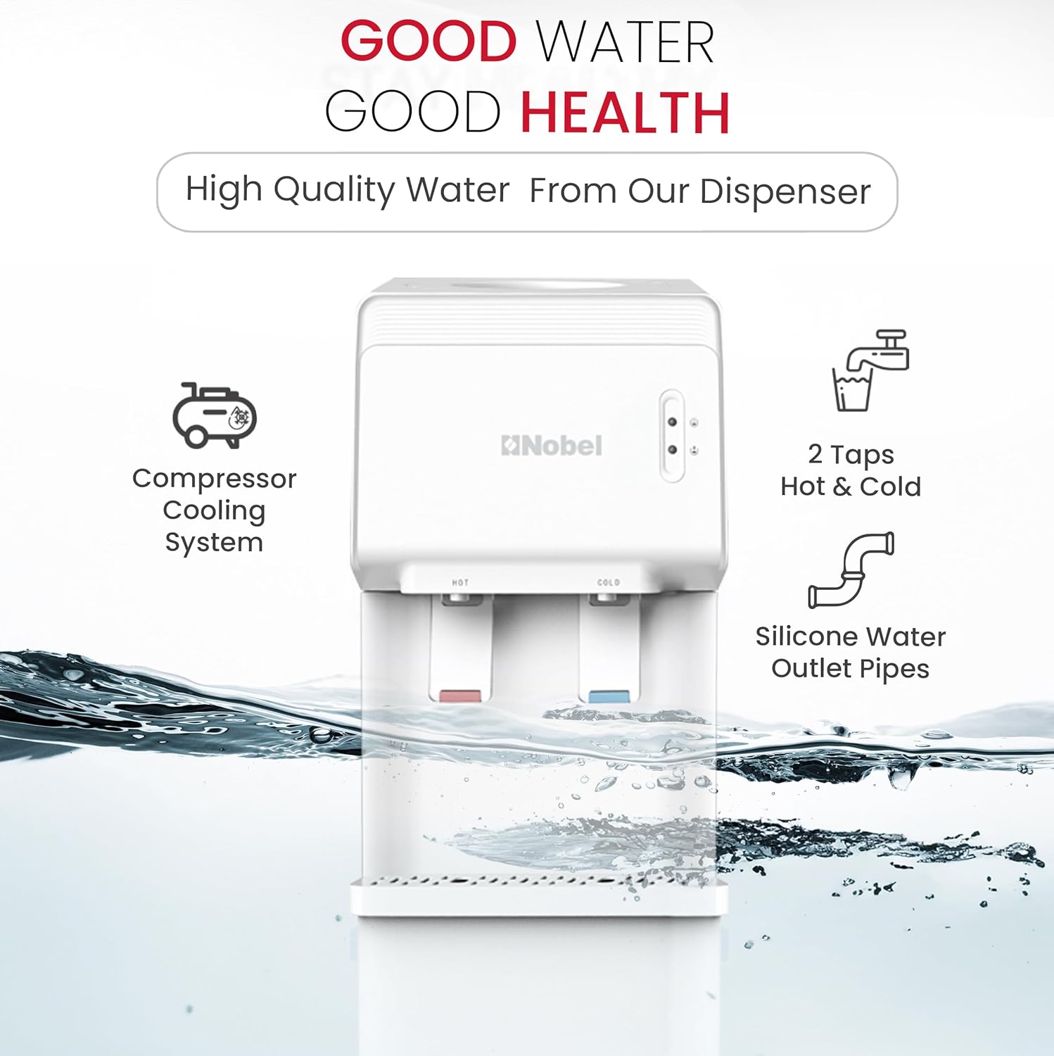 Nobel Water Dispenser, Hot & Cold, 2 Taps, Compressor Cooling, 5L/H Heating, 2L/H Cooling, Silicon Water Outlet Pipes NWD1603 White-5