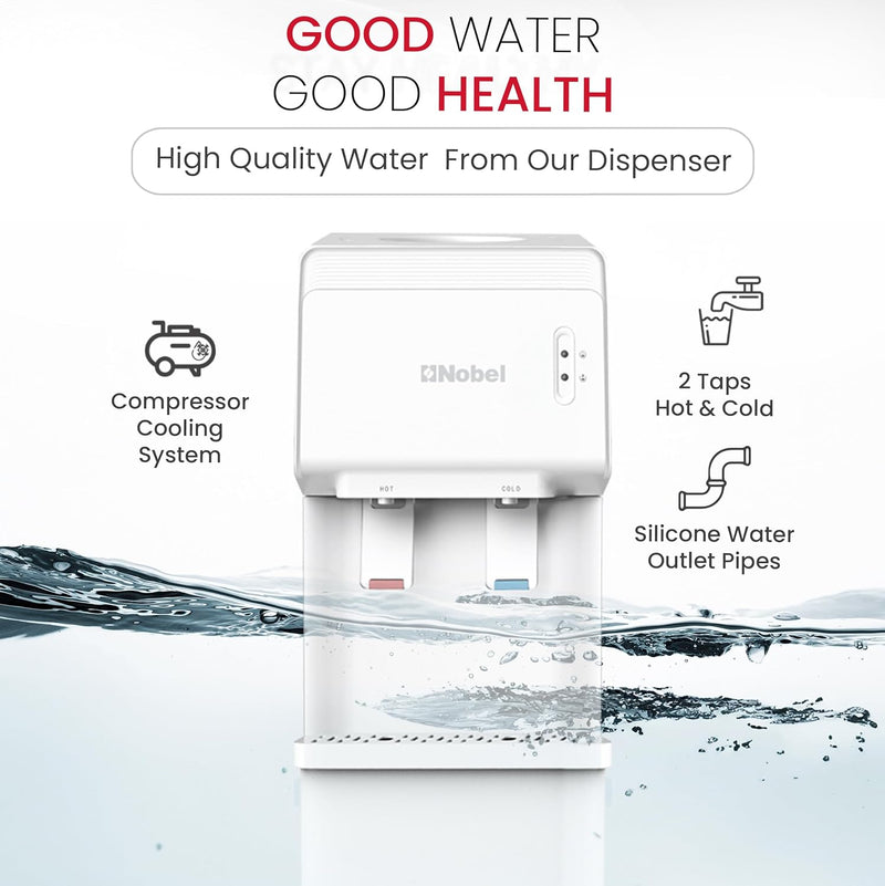 Nobel Water Dispenser, Hot & Cold, 2 Taps, Compressor Cooling, 5L/H Heating, 2L/H Cooling, Silicon Water Outlet Pipes NWD1603 White-5