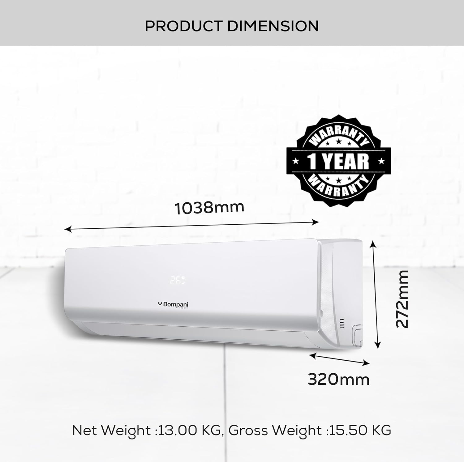 Bompani 1.5 Ton Split AC With 18000 BTU, Inverter Rotary Compressor, Auto-Restart, 4-Way Airflow, Overload Protection, Self-Diagnosis, Replaceable Air Filter, One Year Full Warranty - BSAC187VT1-7