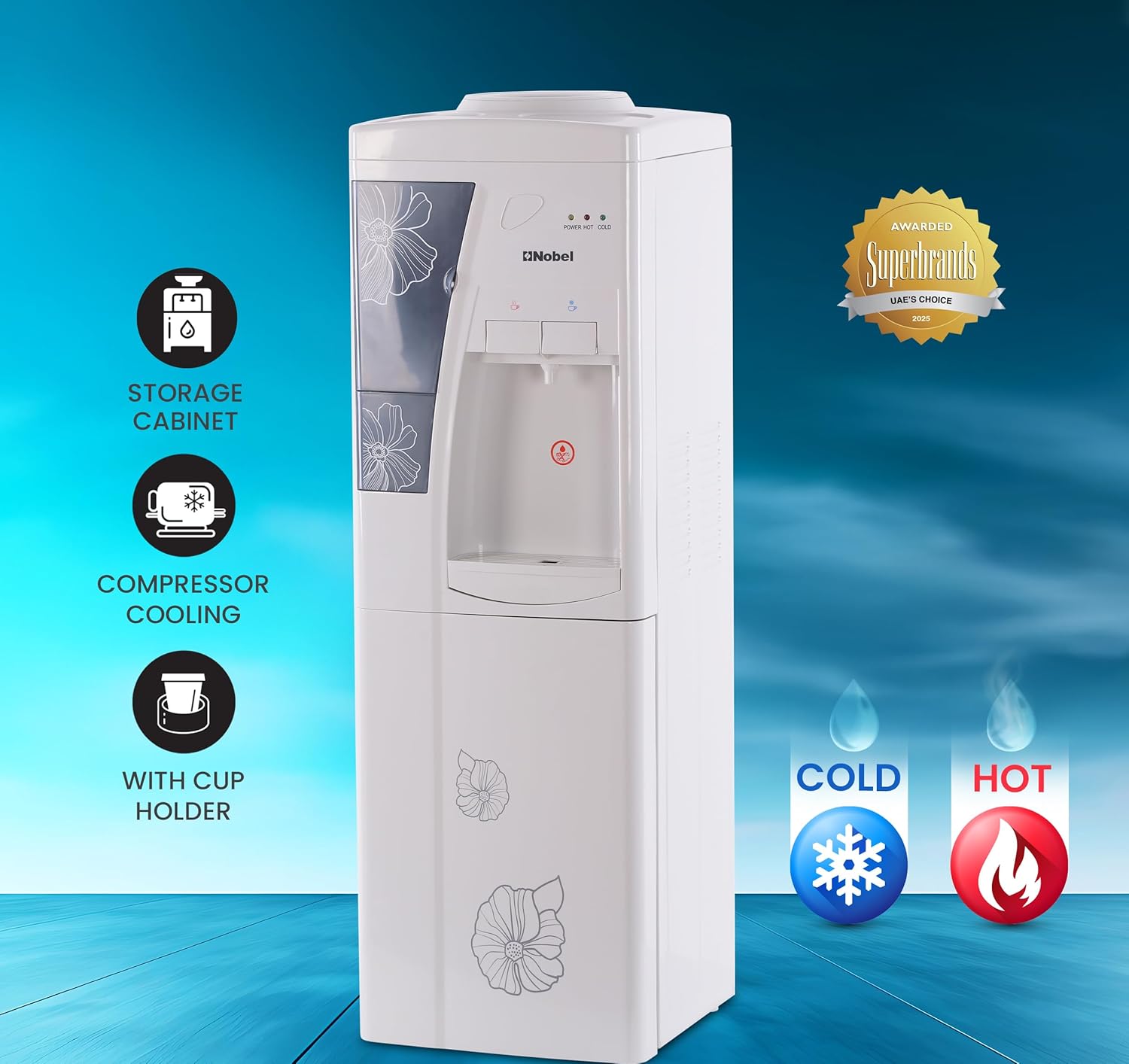 Nobel Freestanding Top-Loading 550W Water Dispenser Hot & Cold, 5L Hot/2L Cold Per Hour, Storage Cabinet, Compressor Cooling, Heating - NWD1609